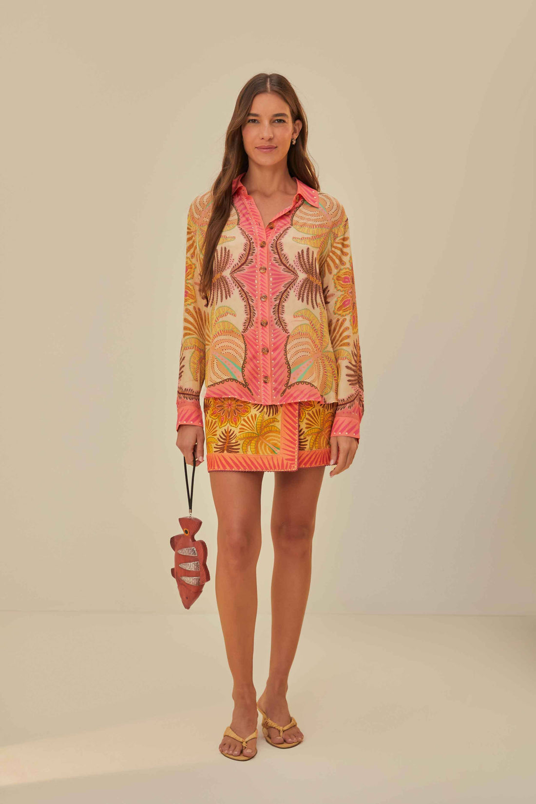 FARM Rio model wearing the Palm Scarf Sand Shirt