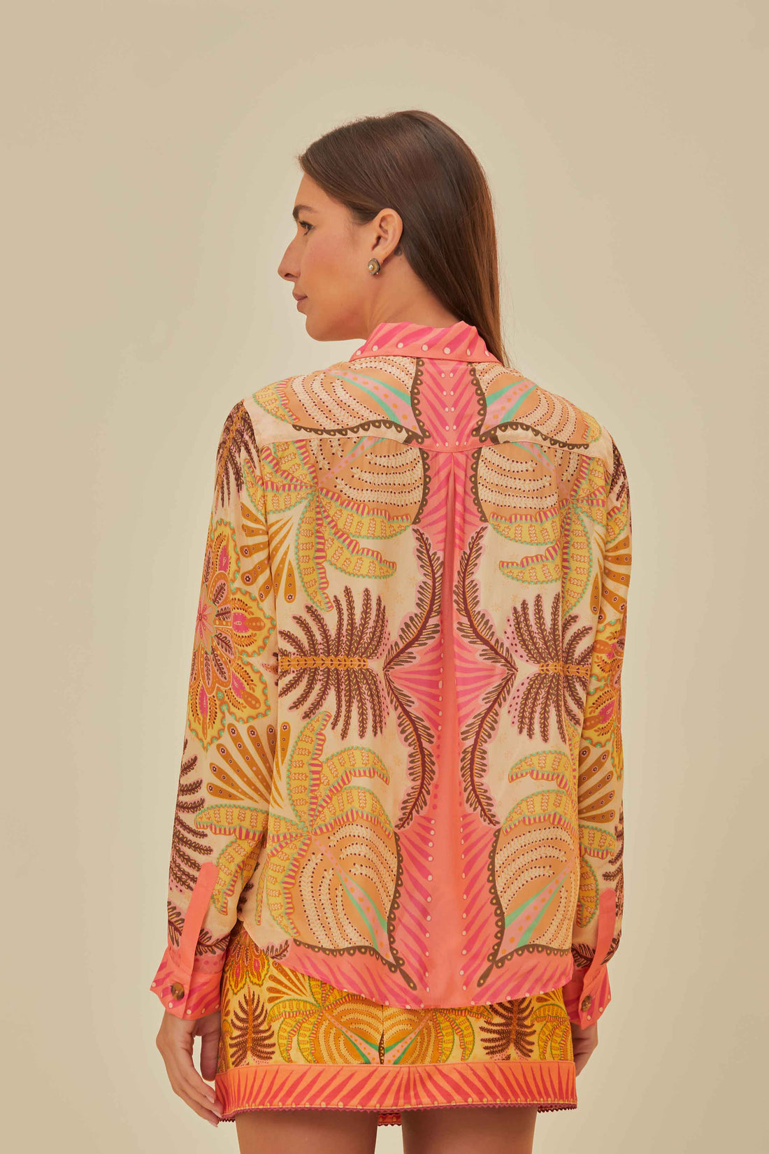 FARM Rio model wearing the Palm Scarf Sand Shirt