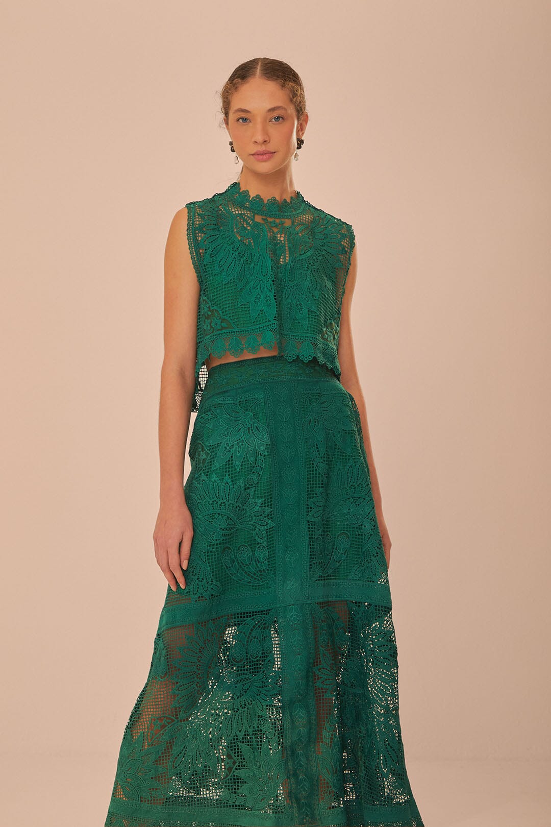 FARM Rio model wearing the Green Toucan Guipure Midi Skirt