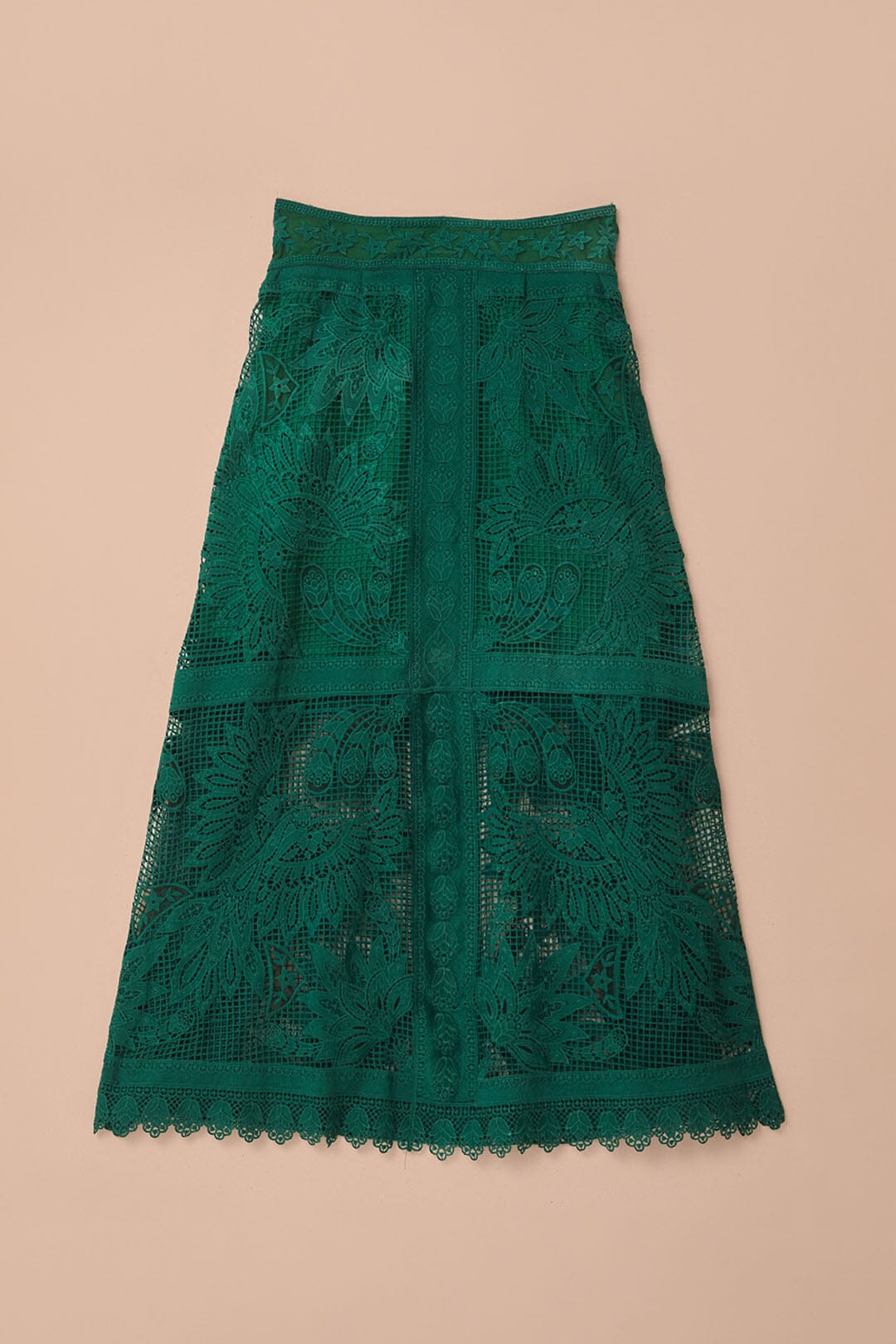 FARM Rio model wearing the Green Toucan Guipure Midi Skirt