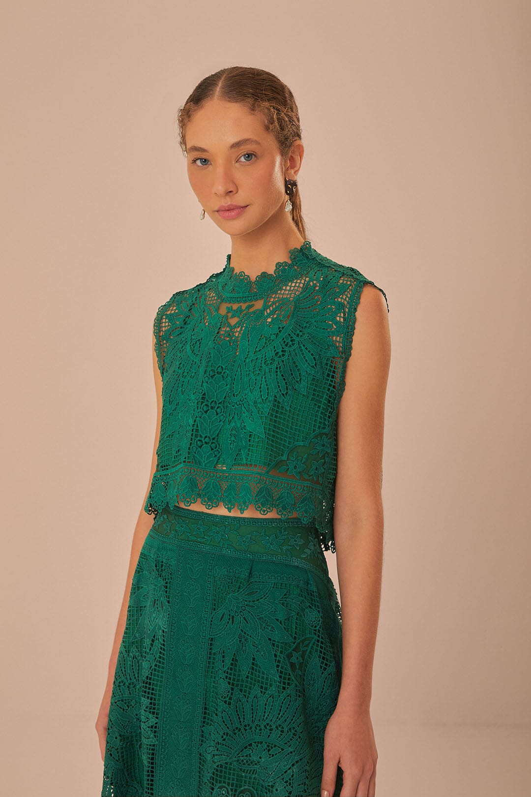 FARM Rio model wearing the Green Toucan Guipure Sleeveless Top