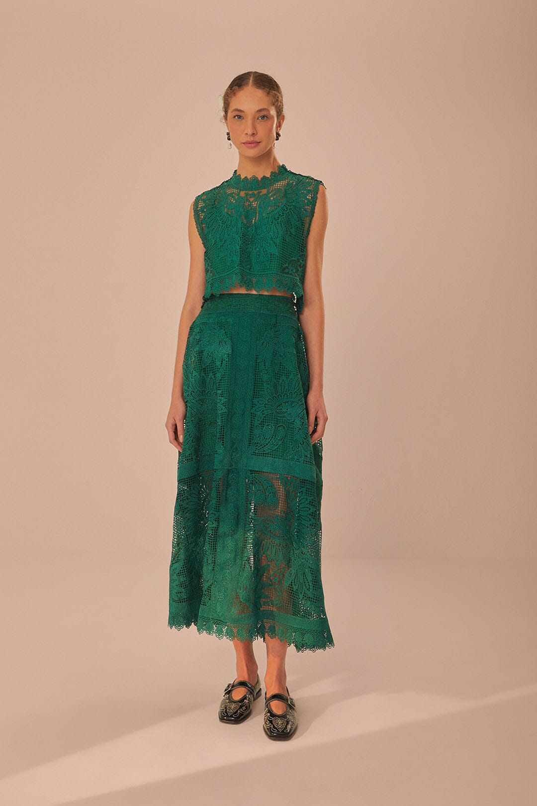 FARM Rio model wearing the Green Toucan Guipure Sleeveless Top