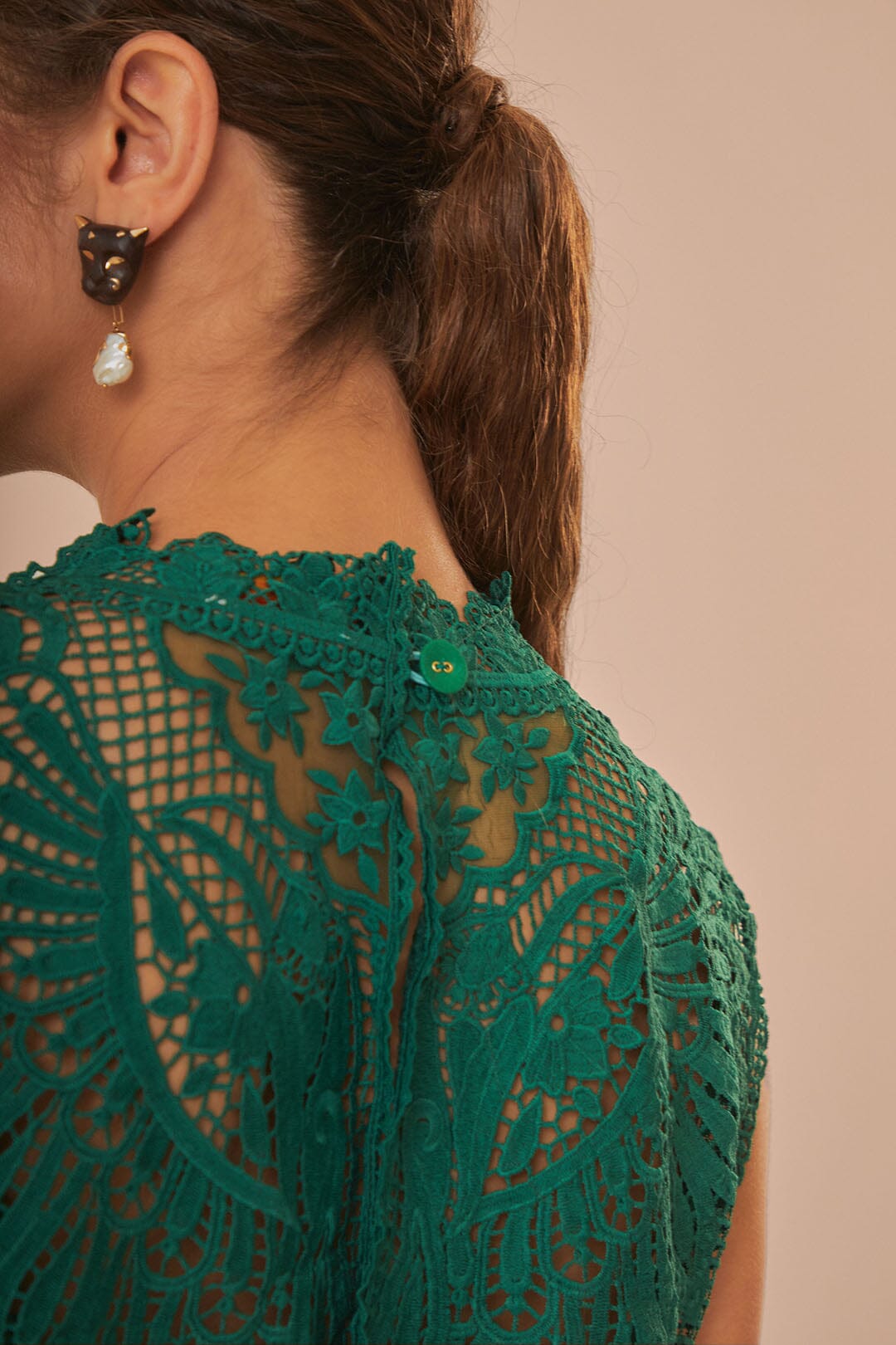 FARM Rio model wearing the Green Toucan Guipure Sleeveless Top