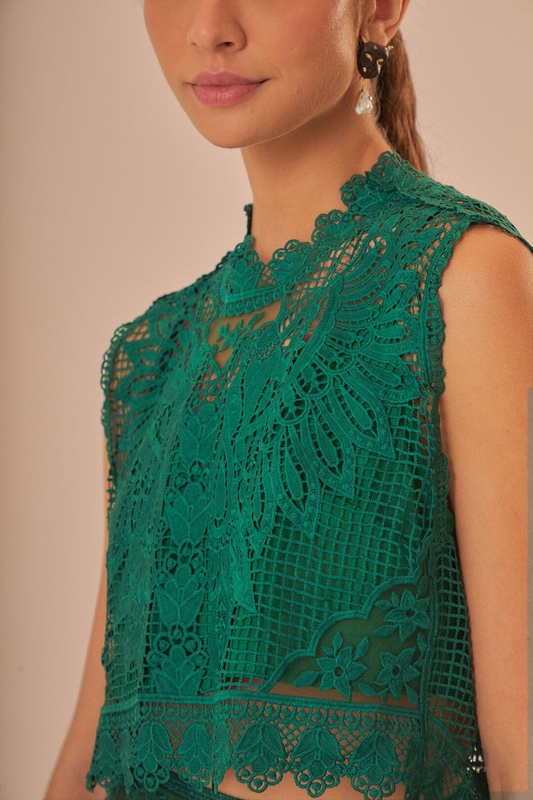 FARM Rio model wearing the Green Toucan Guipure Sleeveless Top