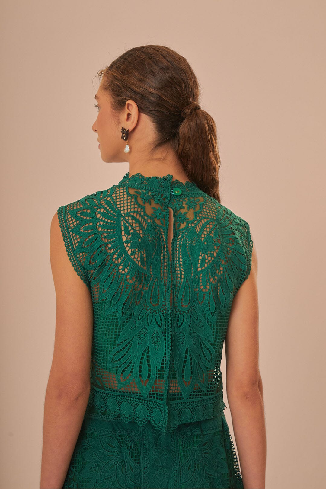 FARM Rio model wearing the Green Toucan Guipure Sleeveless Top