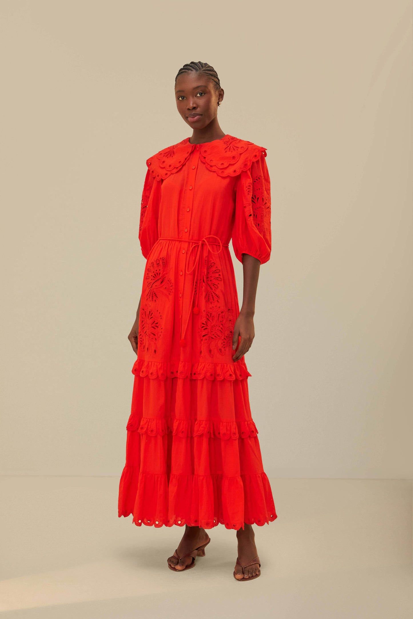 FARM Rio model wearing the Red Humming Bird Richelieu Maxi Dress