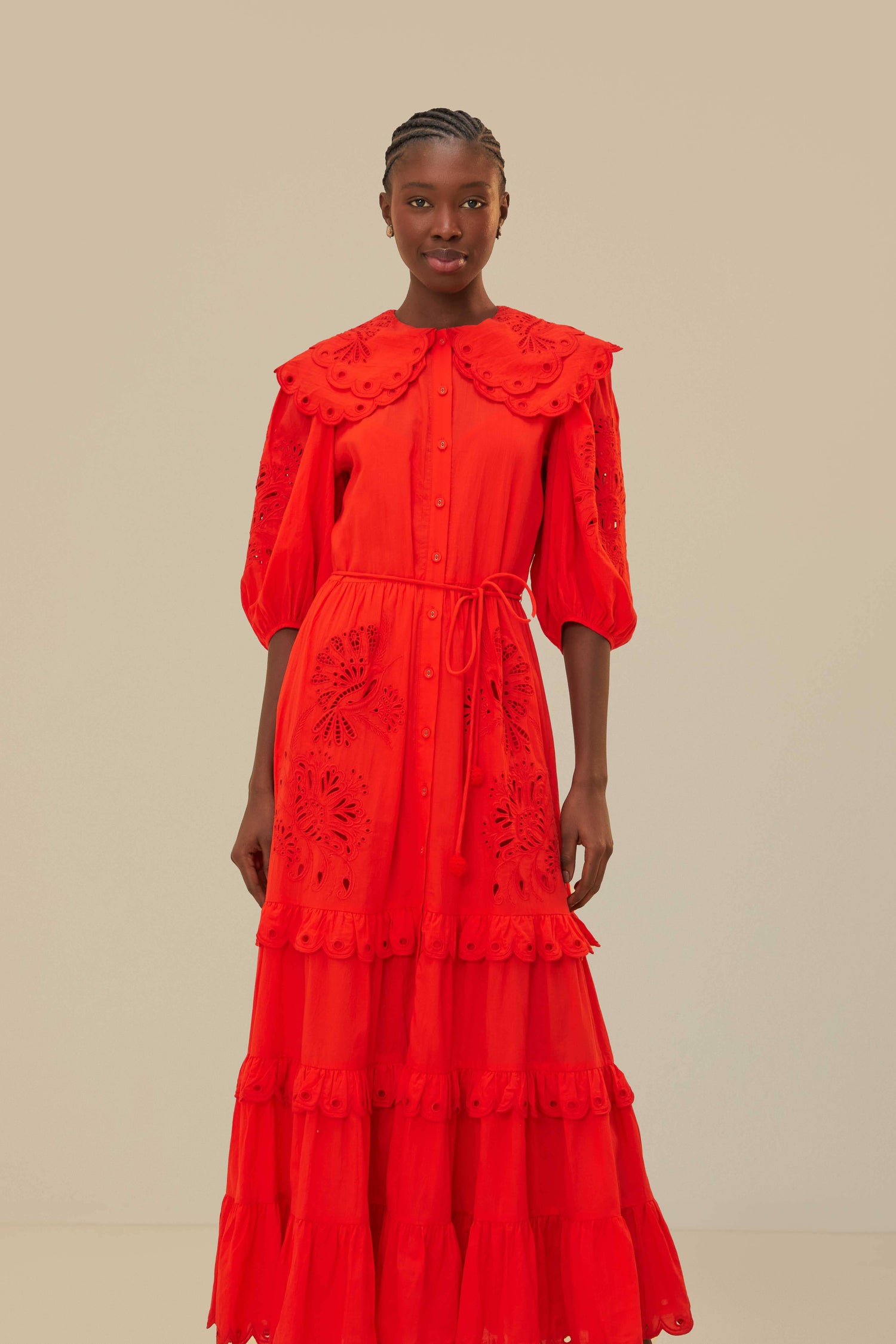 FARM Rio model wearing the Red Humming Bird Richelieu Maxi Dress