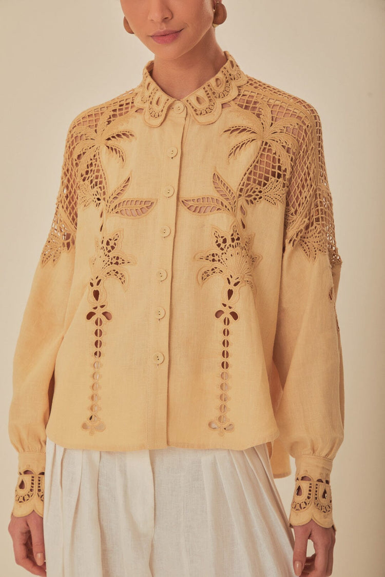 FARM Rio model wearing the Khaki Palms Richelieu Euroflax™ Premium Linen Shirt