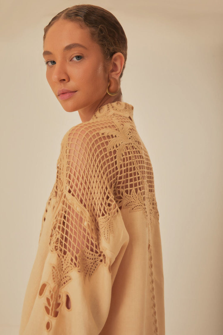 FARM Rio model wearing the Khaki Palms Richelieu Euroflax™ Premium Linen Shirt