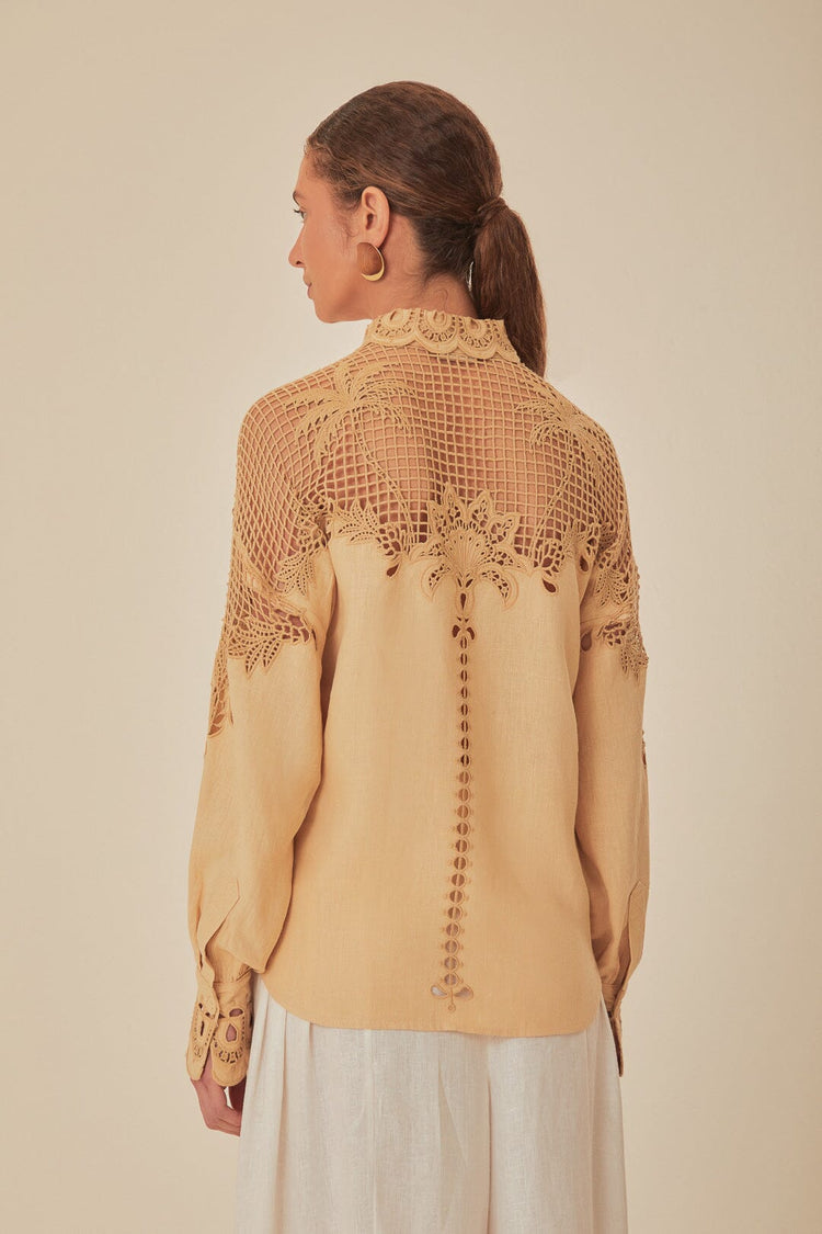 FARM Rio model wearing the Khaki Palms Richelieu Euroflax™ Premium Linen Shirt