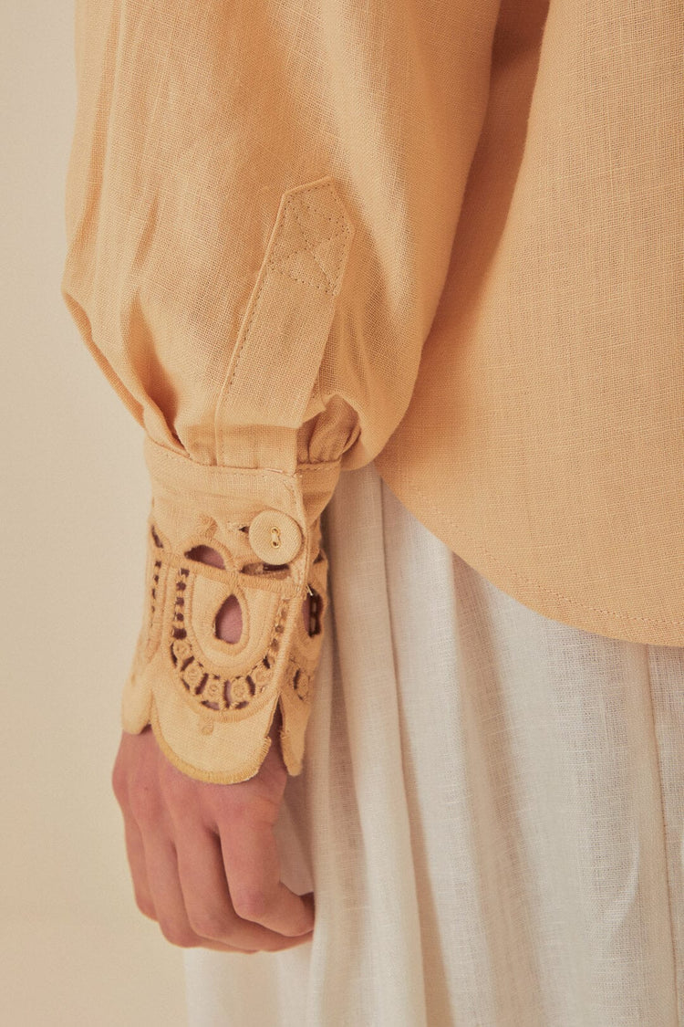 FARM Rio model wearing the Khaki Palms Richelieu Euroflax™ Premium Linen Shirt