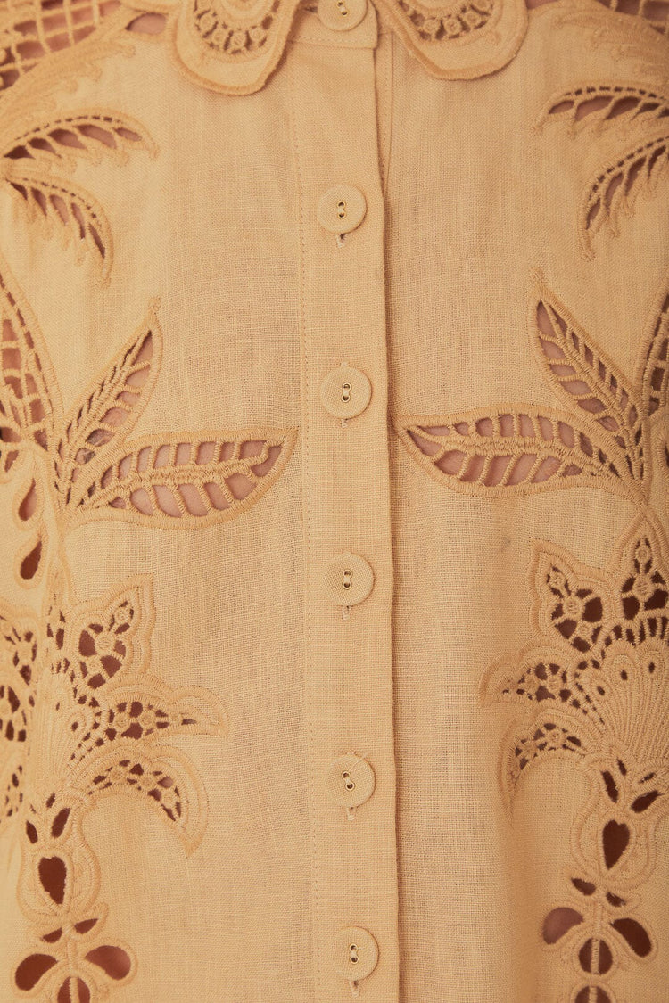 FARM Rio model wearing the Khaki Palms Richelieu Euroflax™ Premium Linen Shirt