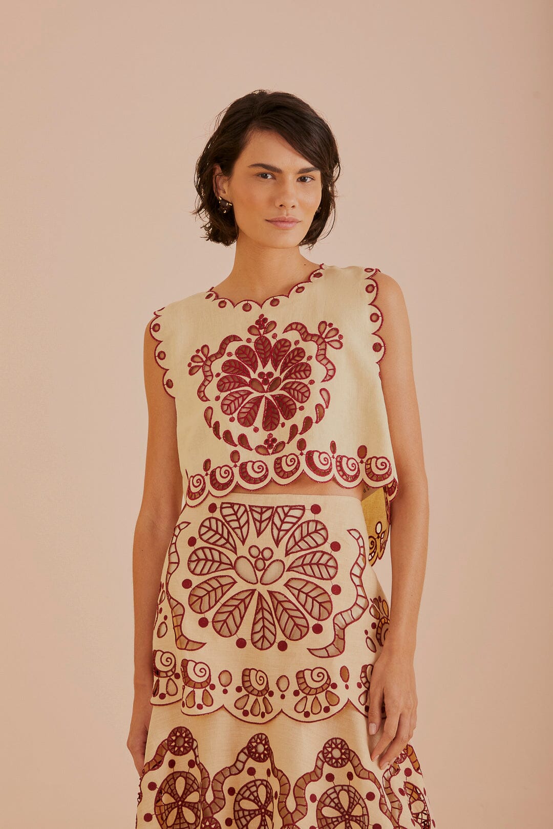 FARM Rio model wearing the Sand Richelieu Sleeveless Crop Top