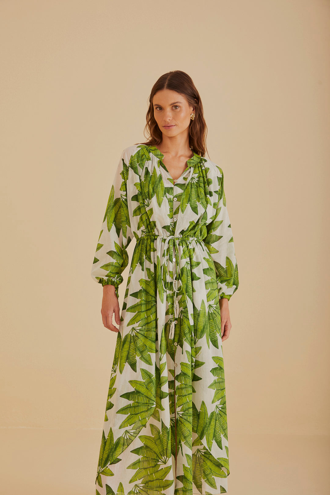 FARM Rio model wearing the Off-White Palm Fan Maxi Dress