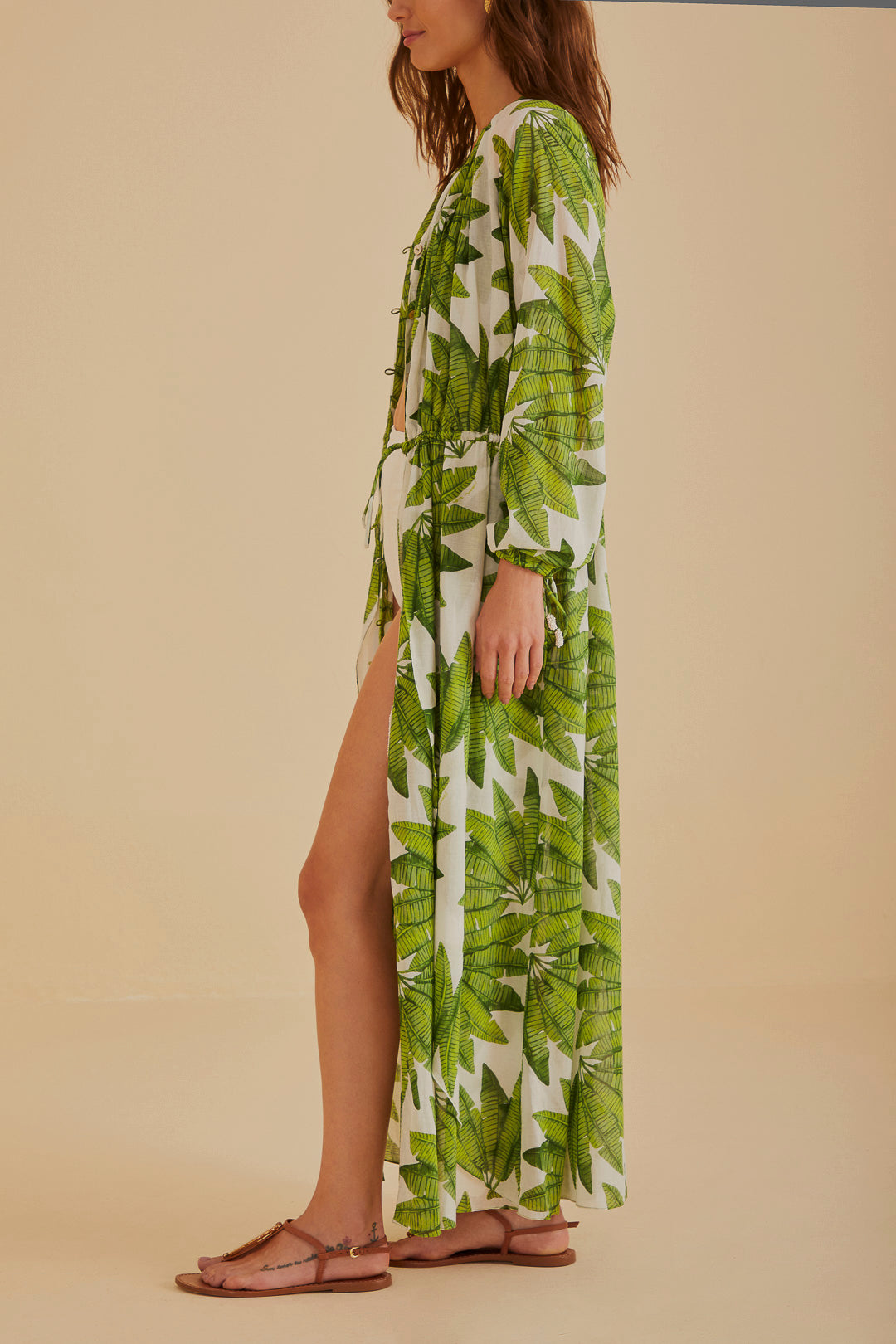 FARM Rio model wearing the Off-White Palm Fan Maxi Dress
