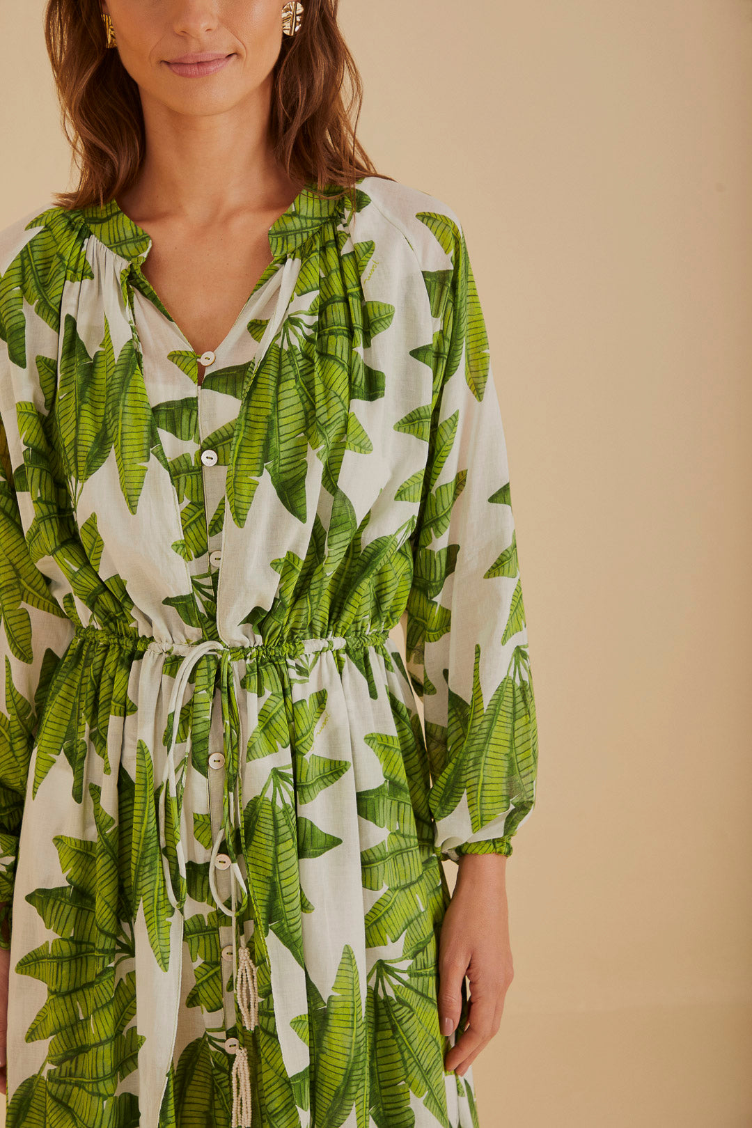 FARM Rio model wearing the Off-White Palm Fan Maxi Dress