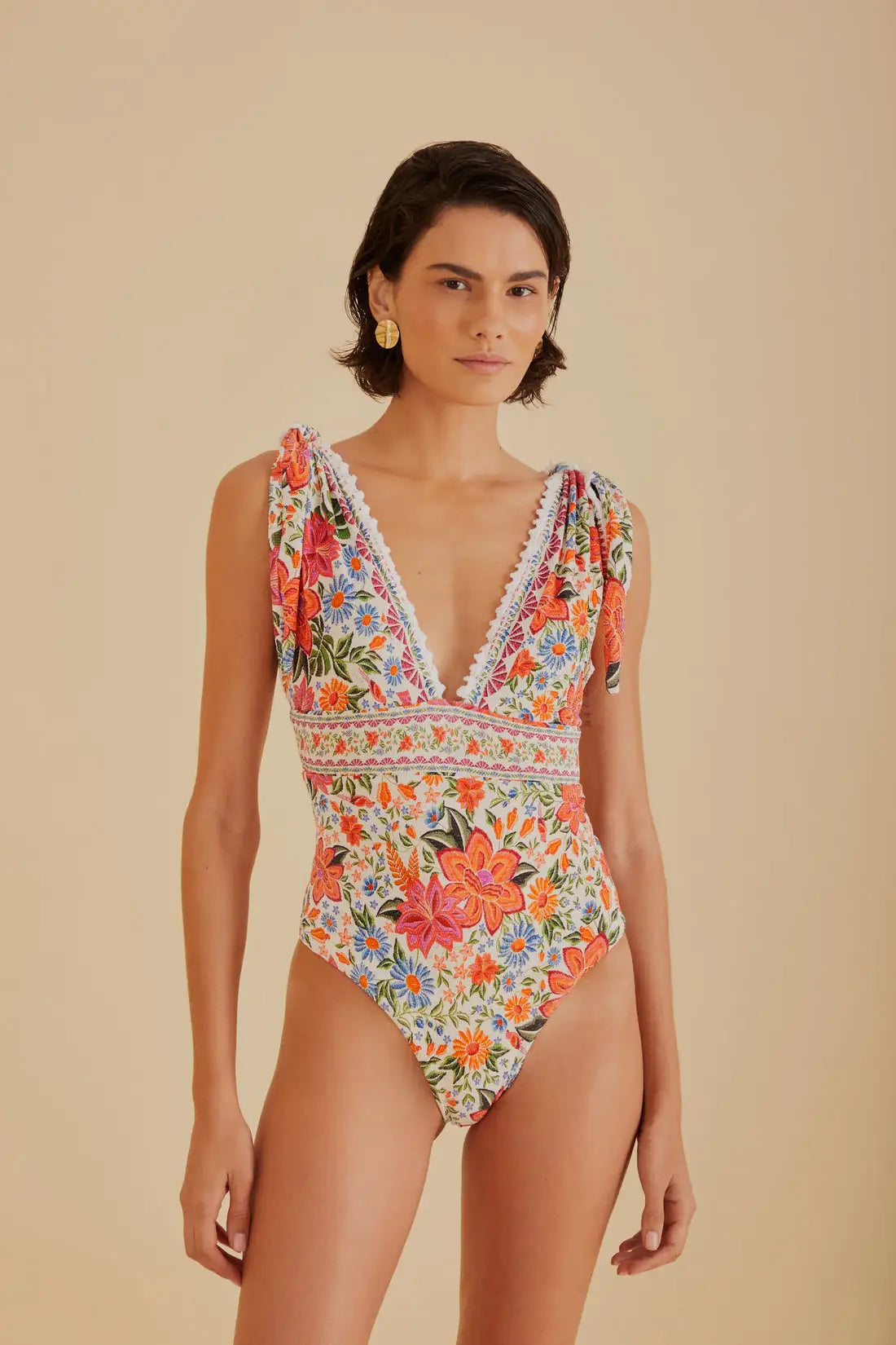 FARM Rio model wearing the Bloom Garden One Piece Swimsuit