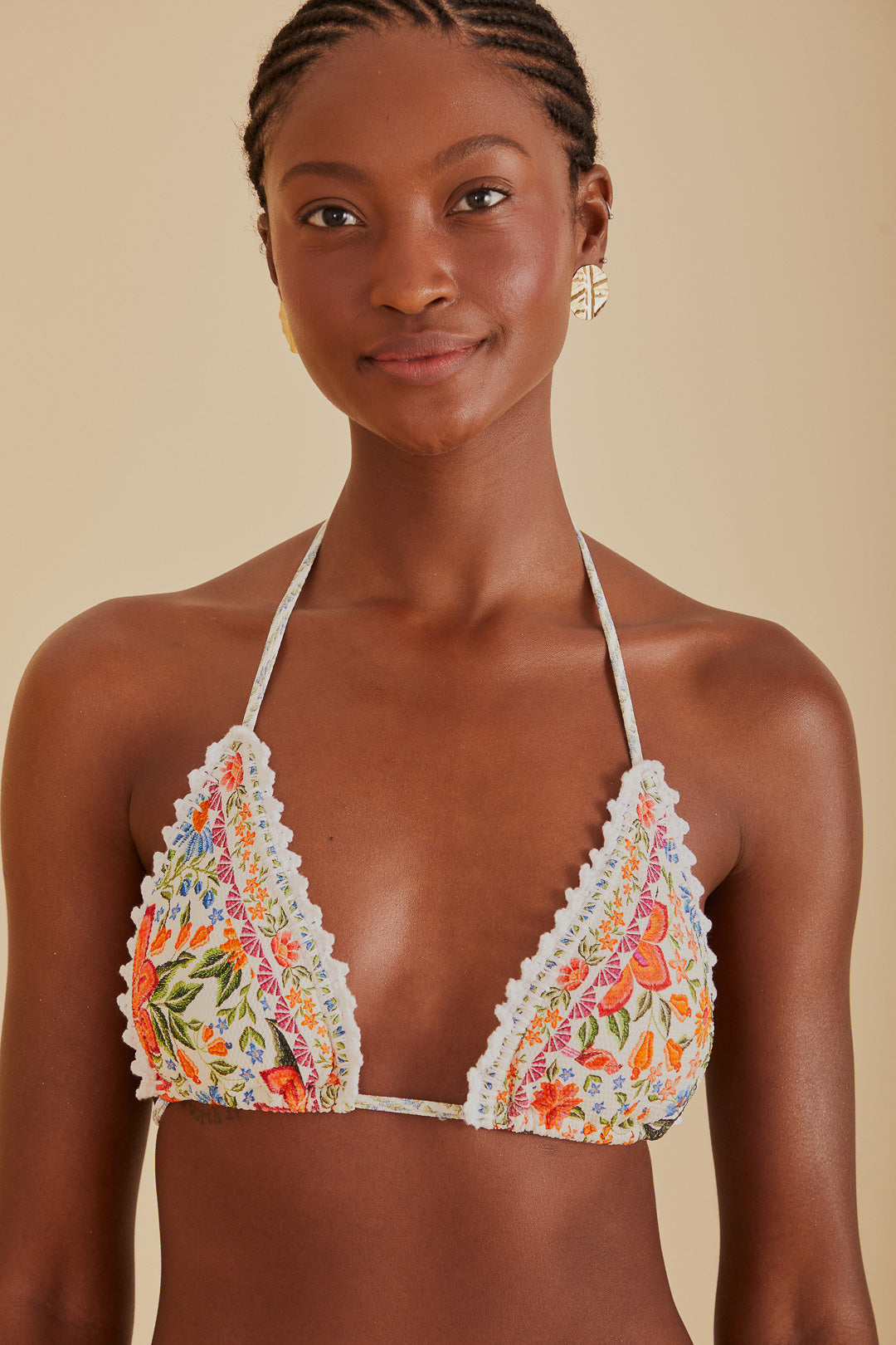 FARM Rio model wearing the Bloom Garden Triangle Bikini Top
