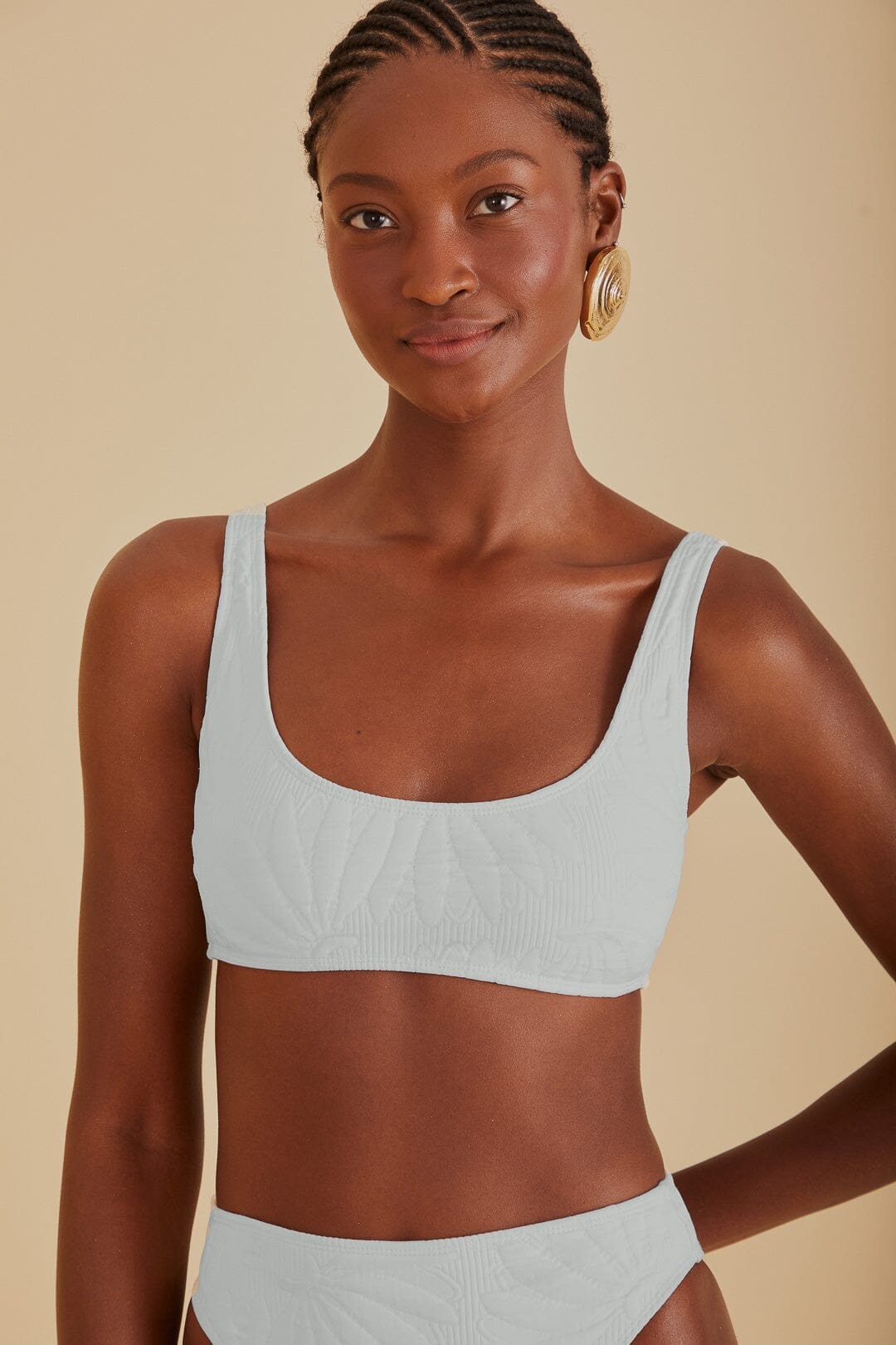 FARM Rio model wearing the Off-White Banana Matelasse Bikini Top