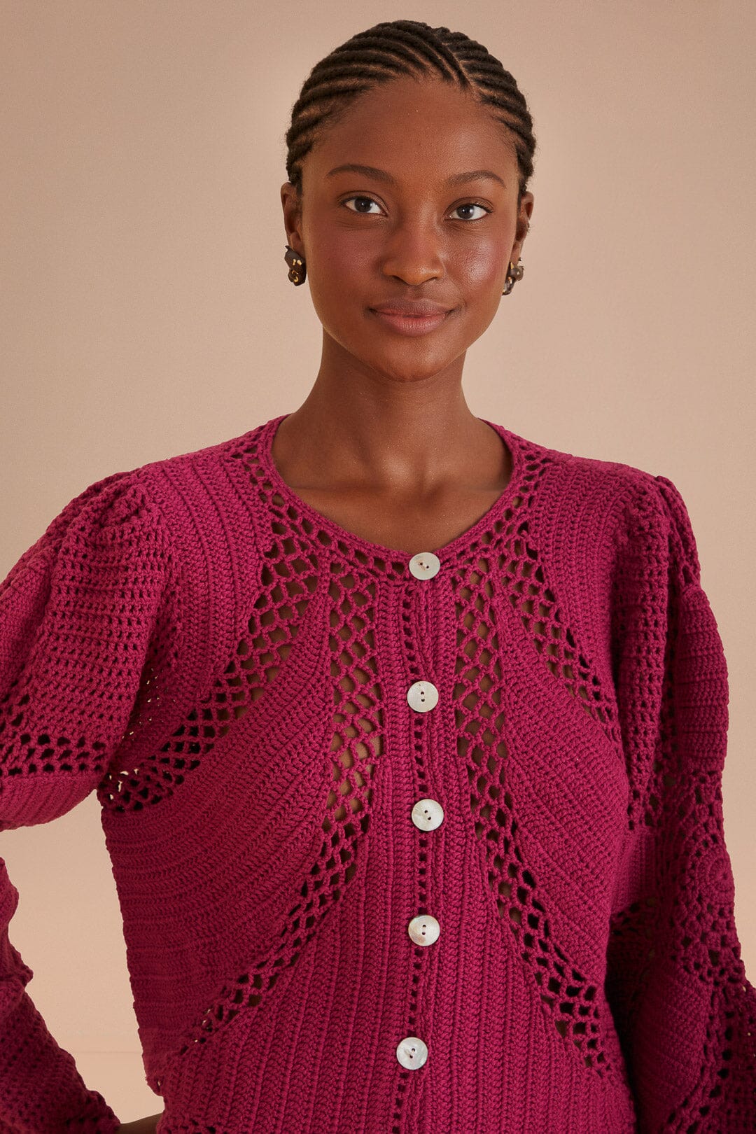 FARM Rio model wearing the Pink Flower Draw Crochet Cardigan