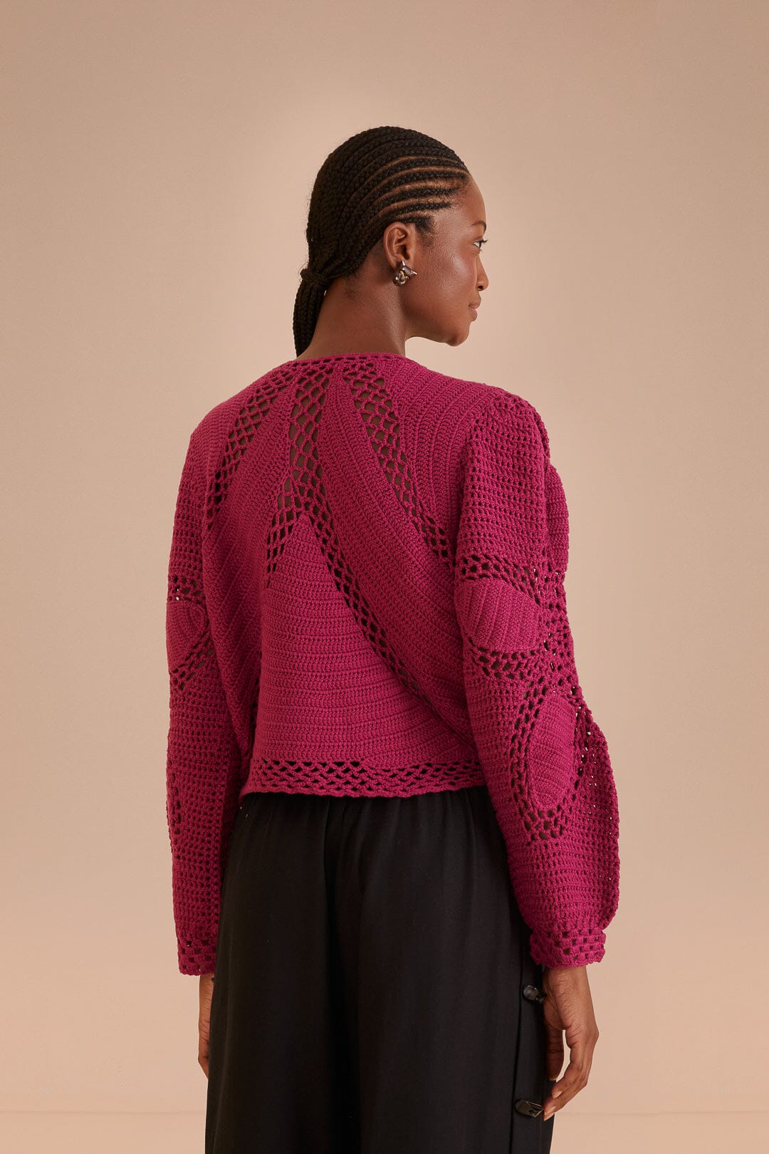 FARM Rio model wearing the Pink Flower Draw Crochet Cardigan