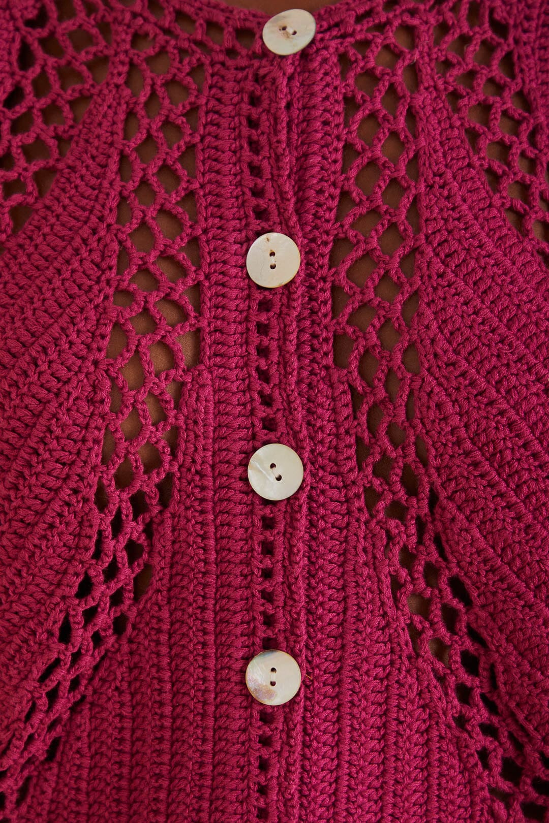 FARM Rio model wearing the Pink Flower Draw Crochet Cardigan