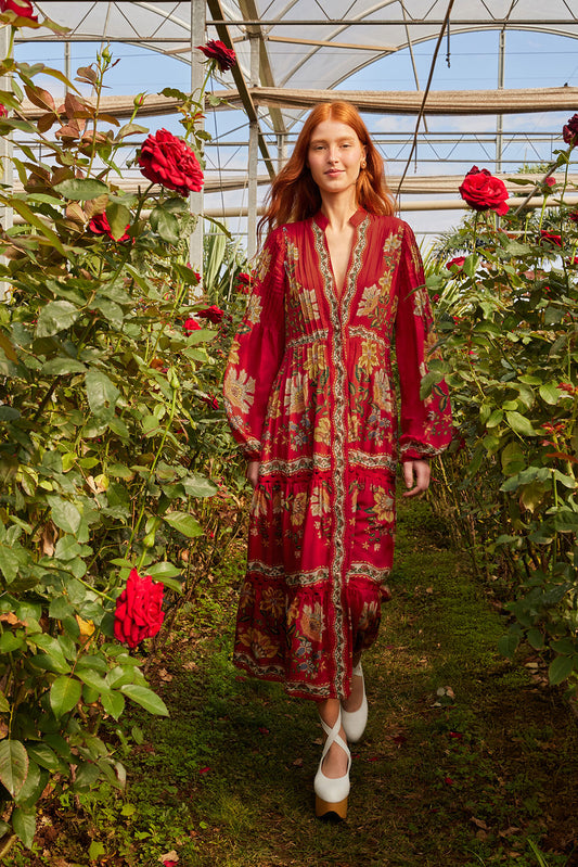 Garden Delight Red Long Sleeve Midi Dress
