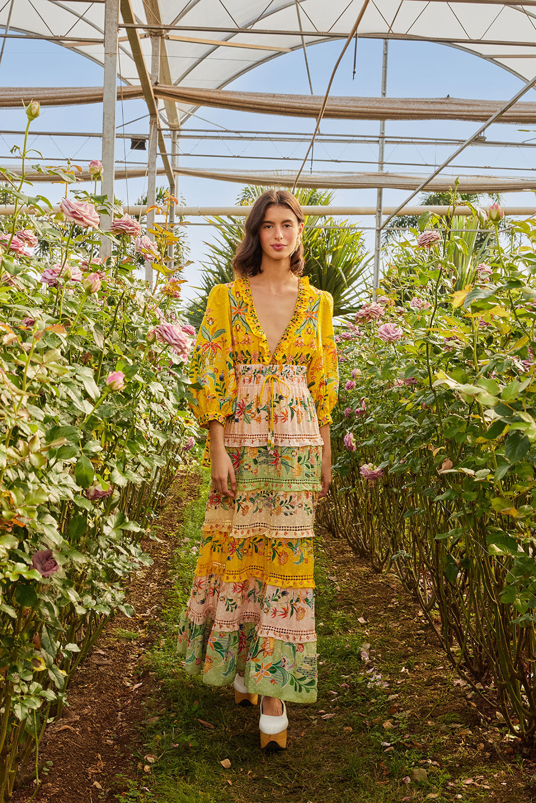 FARM Rio model wearing the Mixed Delicate Flowers Long Sleeve Maxi Dress