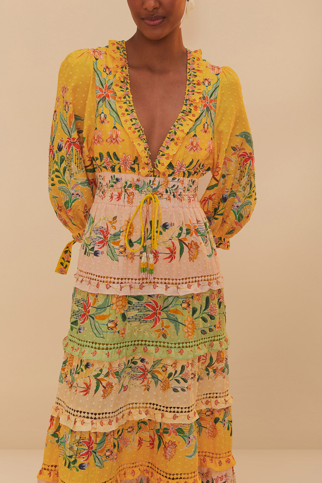 FARM Rio model wearing the Mixed Delicate Flowers Long Sleeve Maxi Dress