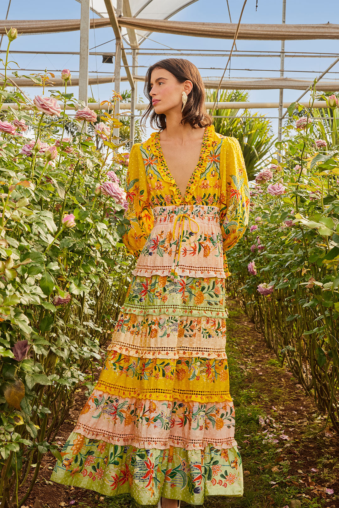 FARM Rio model wearing the Mixed Delicate Flowers Long Sleeve Maxi Dress
