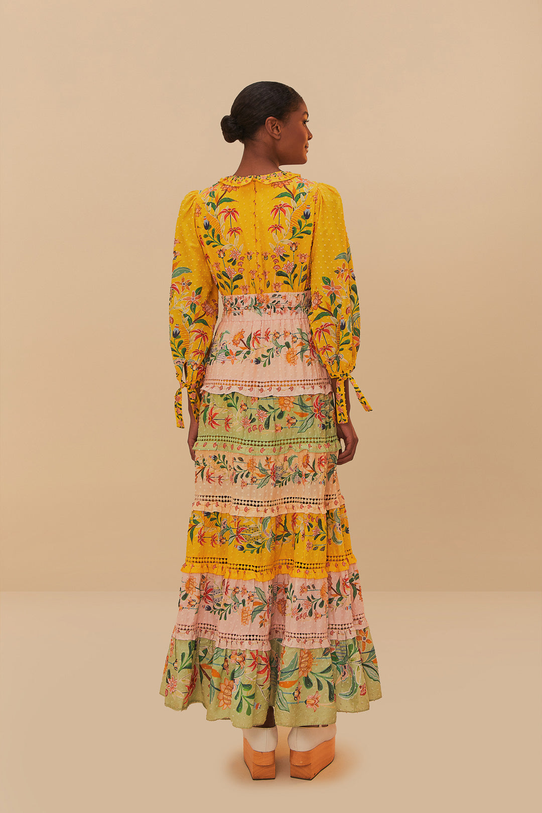 FARM Rio model wearing the Mixed Delicate Flowers Long Sleeve Maxi Dress