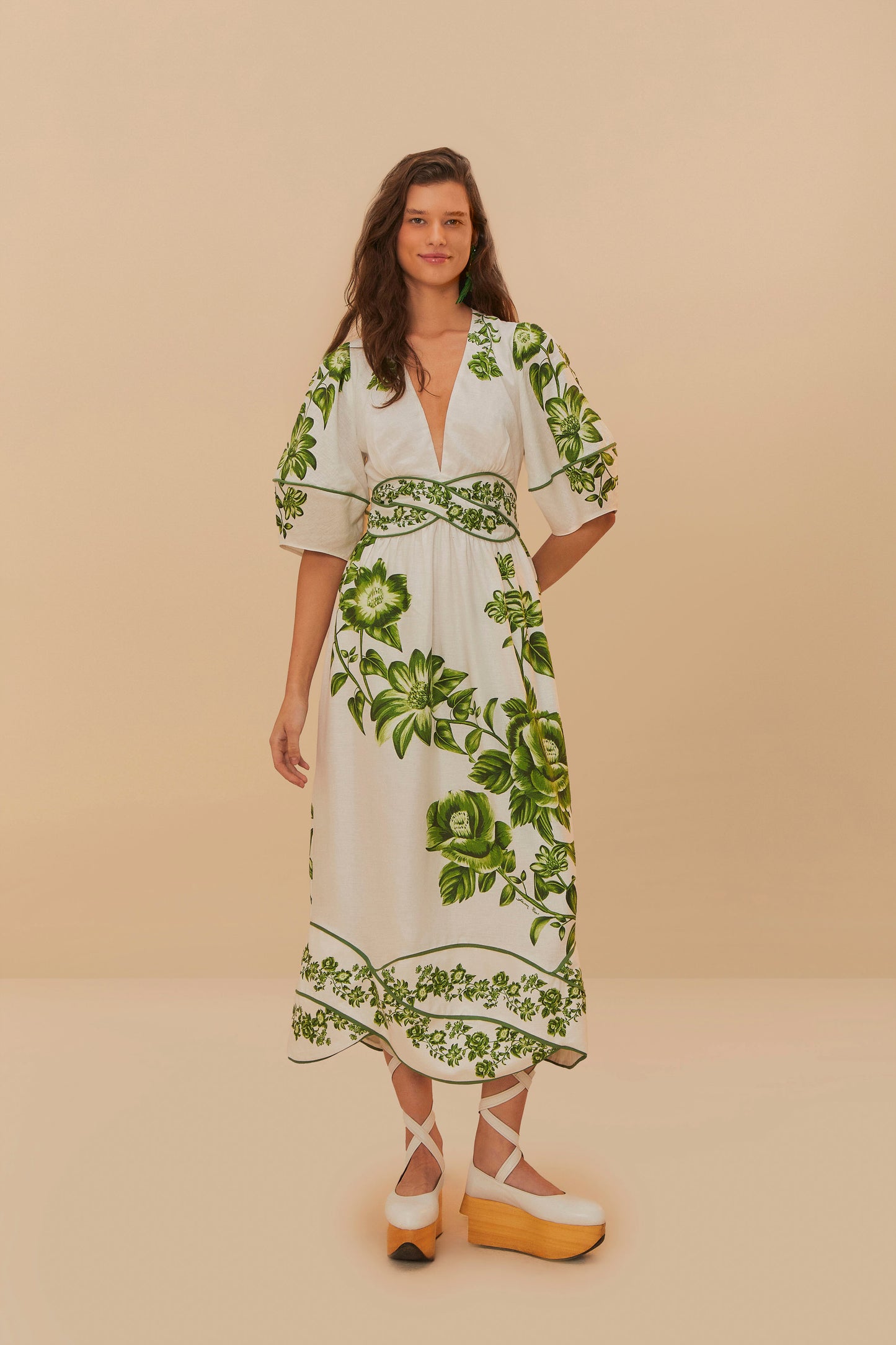 Green Floral Cascade Off-White Short Sleeve Midi Dress