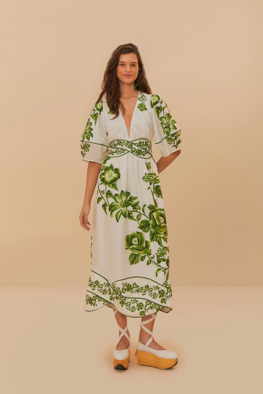 Green Floral Cascade Off-White Short Sleeve Midi Dress