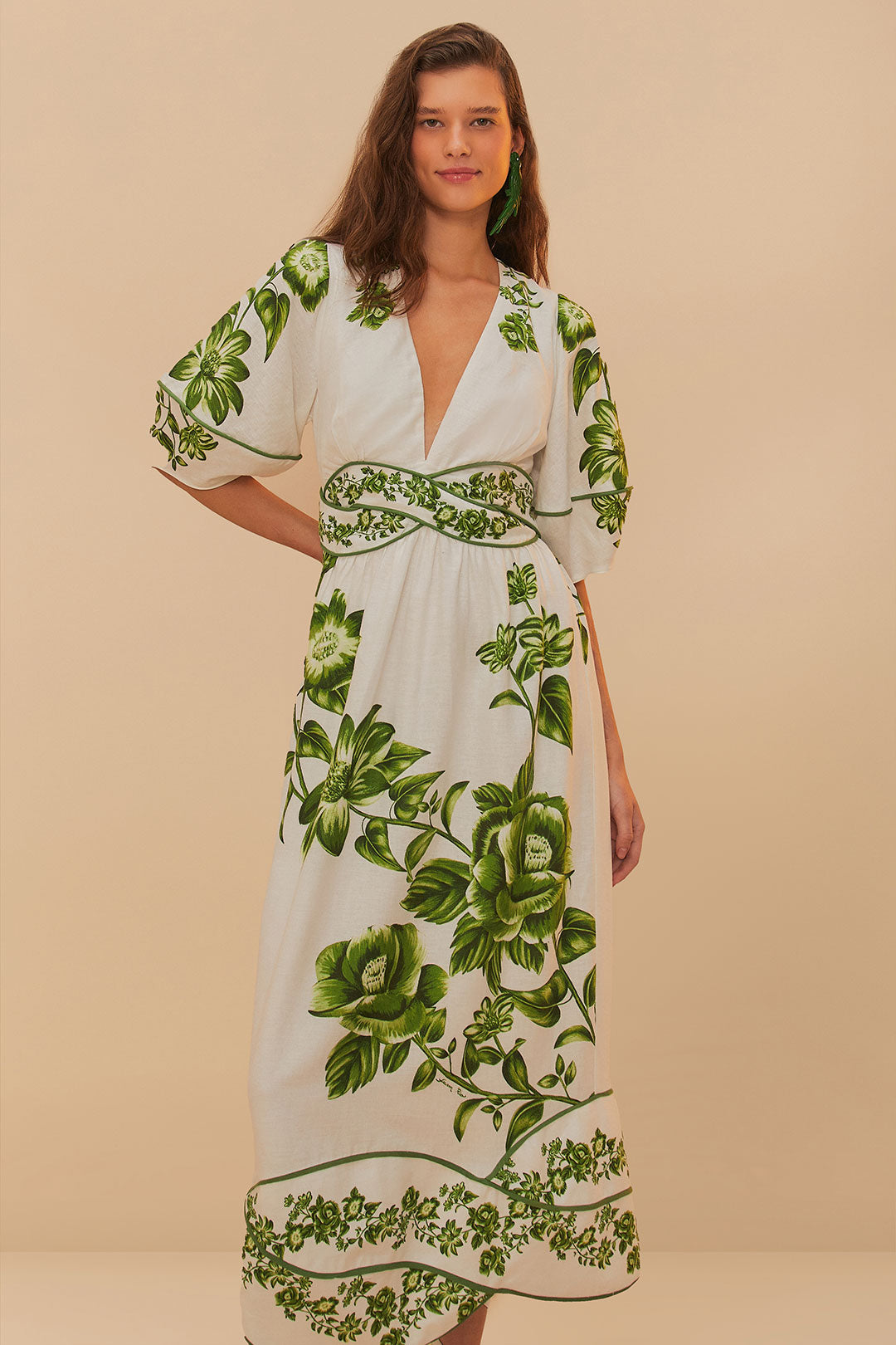 Green Floral Cascade Off-White Short Sleeve Midi Dress