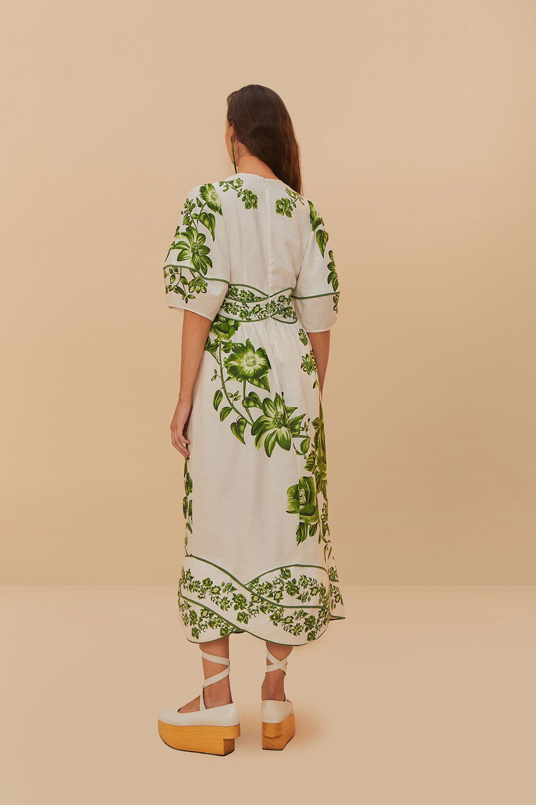 Green Floral Cascade Off-White Short Sleeve Midi Dress