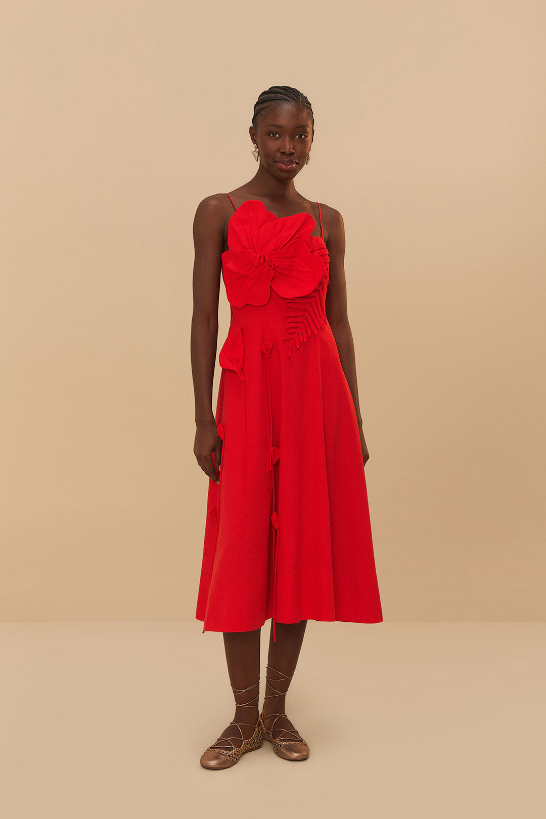 FARM Rio model wearing the Red Garden Sleeveless Midi Dress