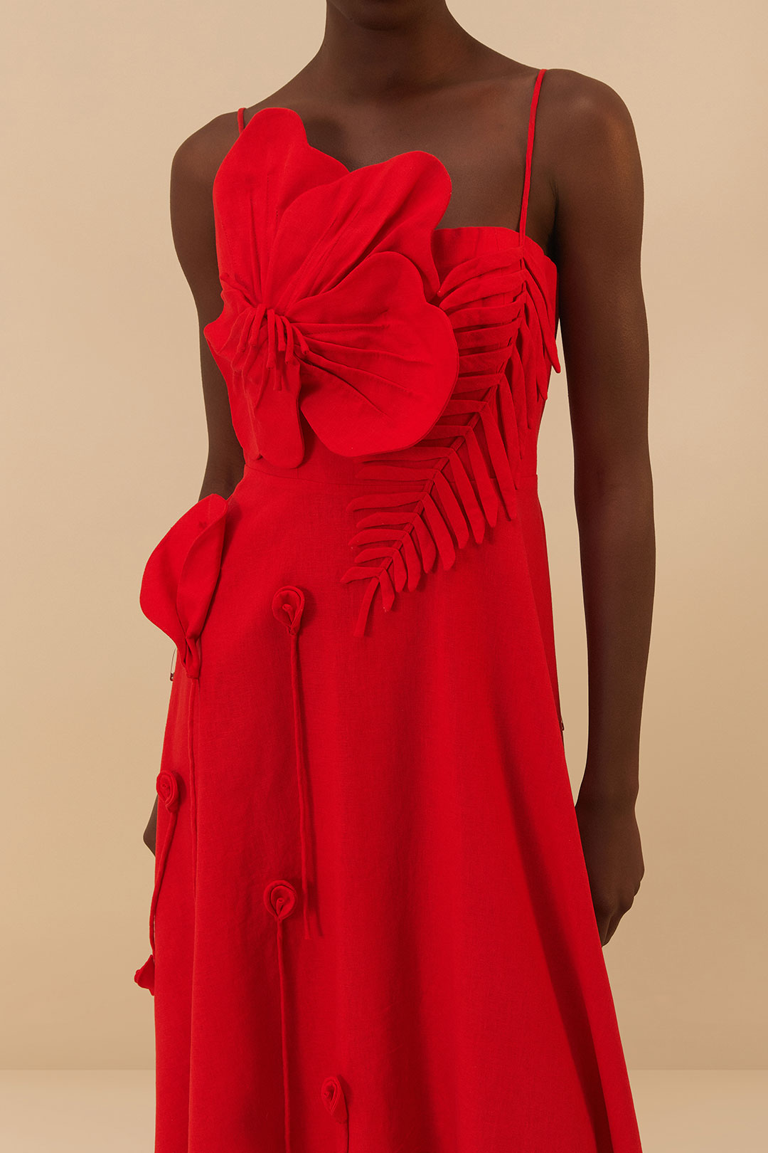 FARM Rio model wearing the Red Garden Sleeveless Midi Dress