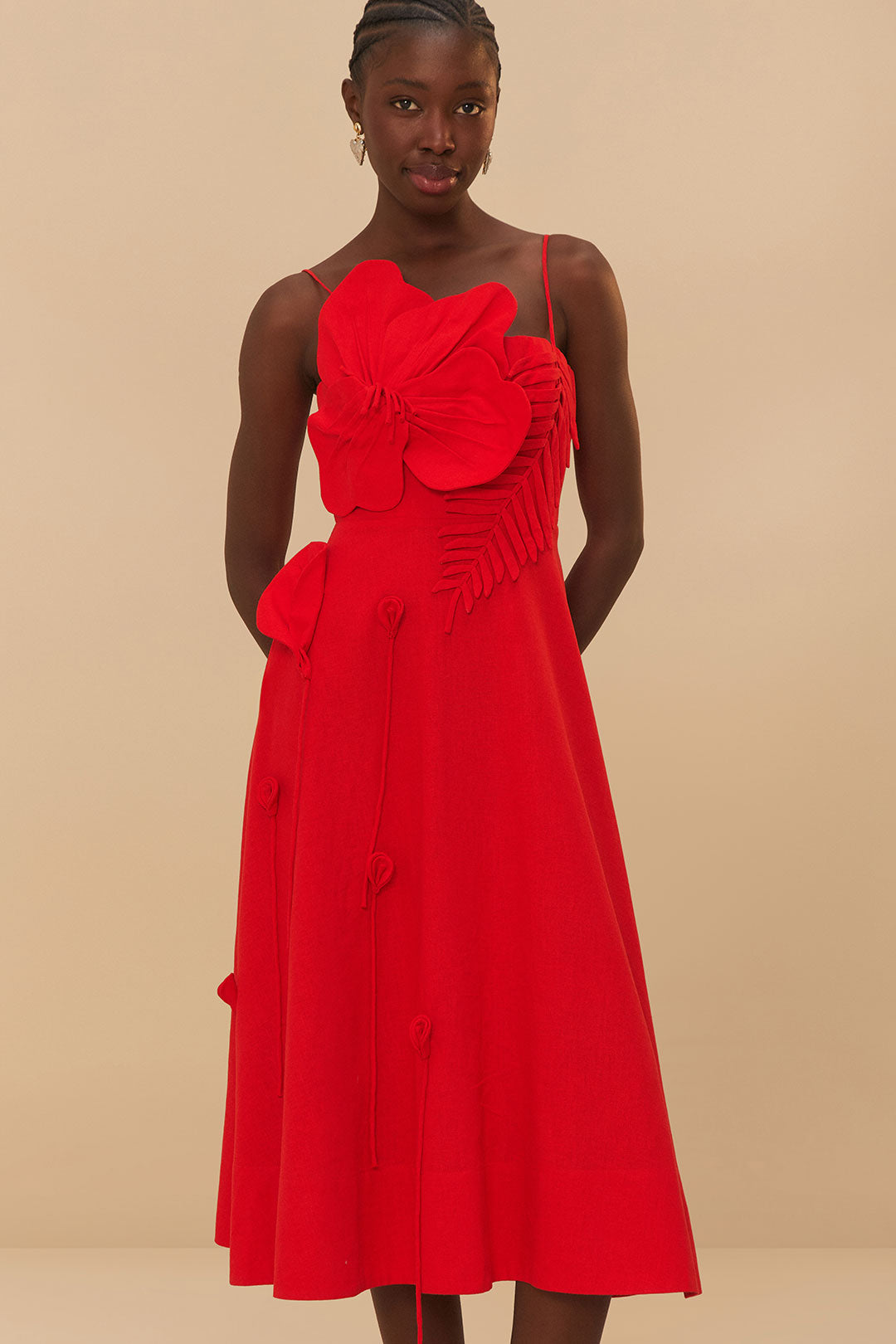 FARM Rio model wearing the Red Garden Sleeveless Midi Dress