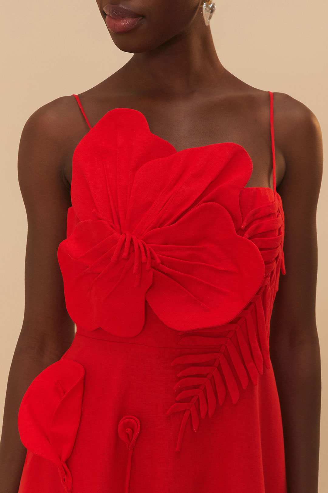 FARM Rio model wearing the Red Garden Sleeveless Midi Dress