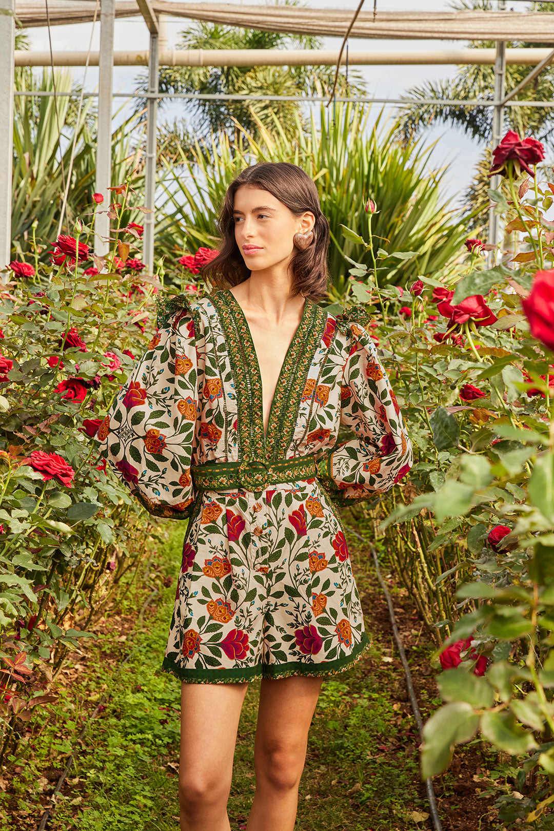 FARM Rio model wearing the Garden Tapestry Sand Romper