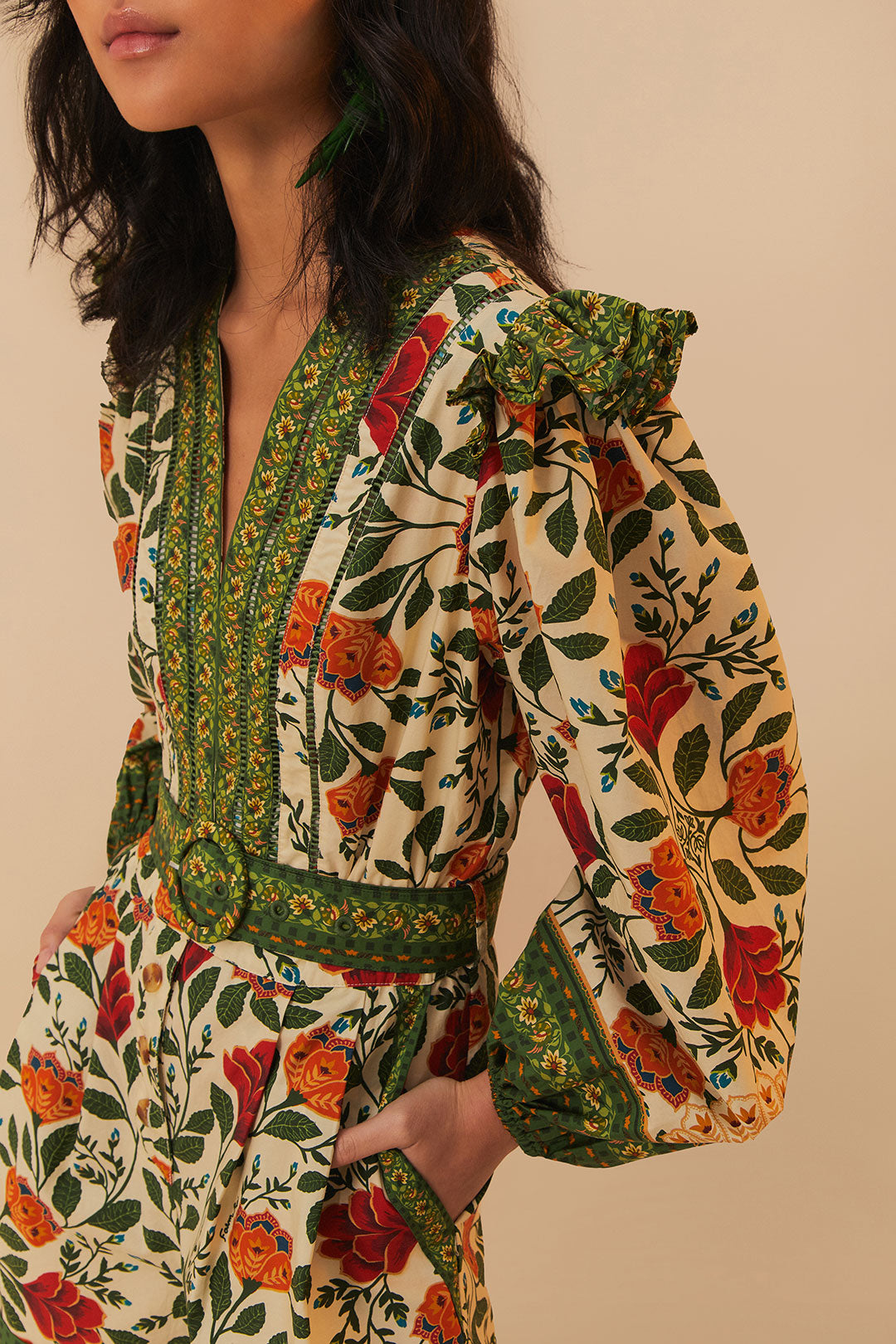 FARM Rio model wearing the Garden Tapestry Sand Romper