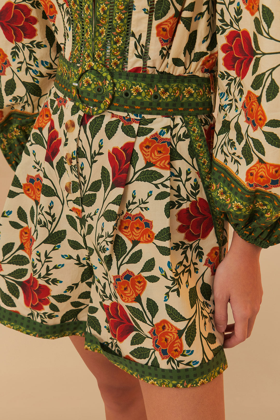 FARM Rio model wearing the Garden Tapestry Sand Romper