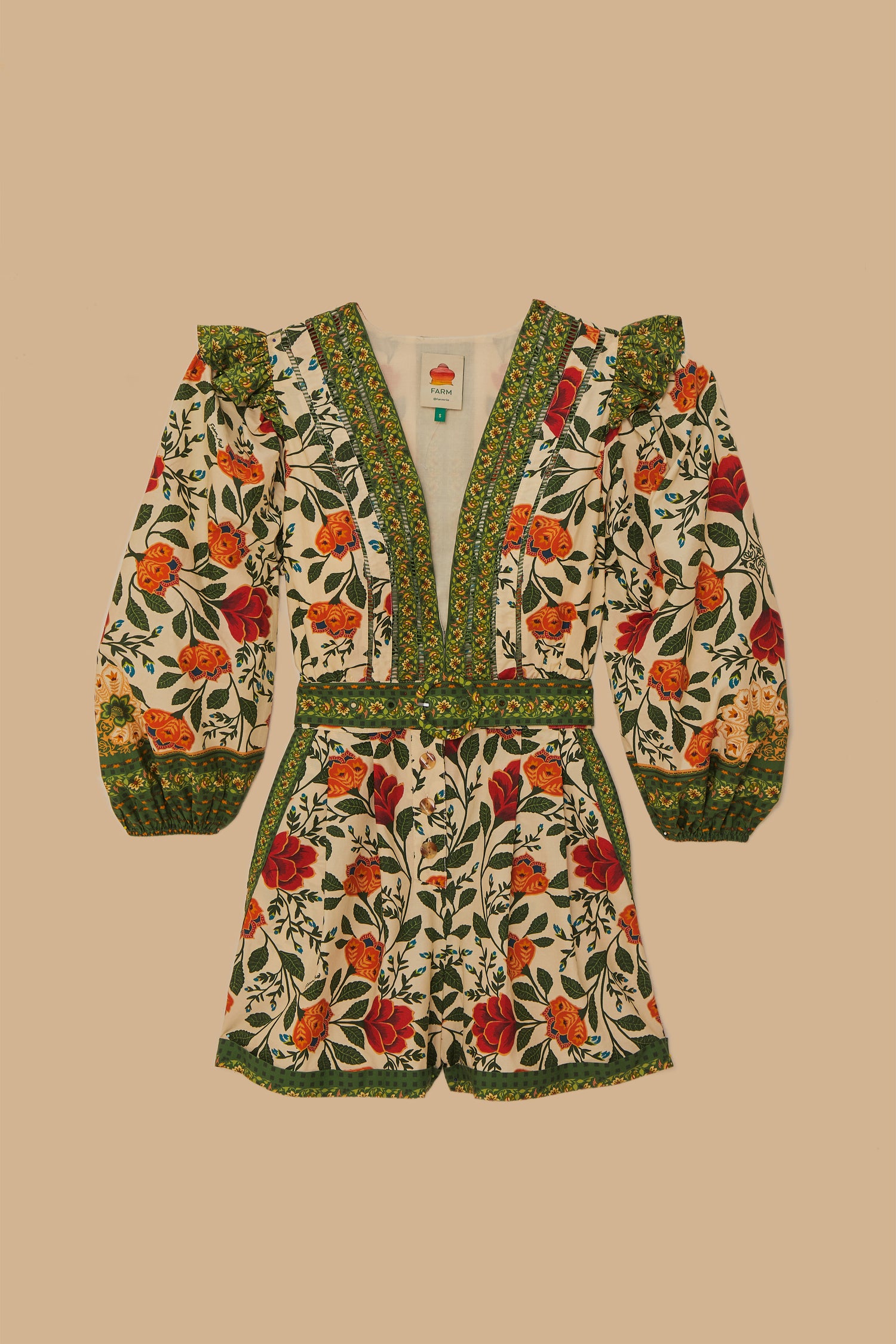FARM Rio model wearing the Garden Tapestry Sand Romper