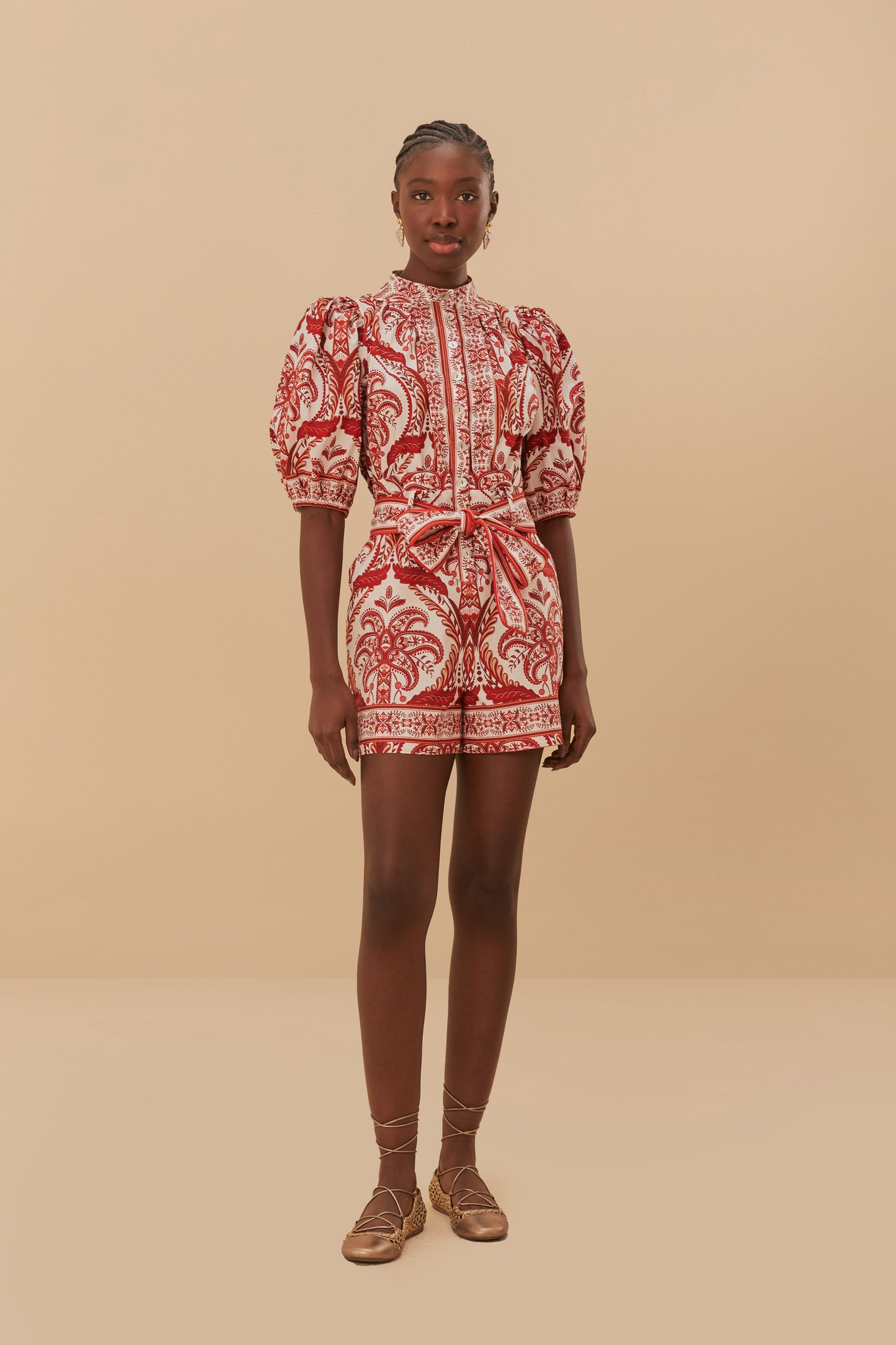 FARM Rio model wearing the Off-White Tropical Cameo Organic Cotton Romper