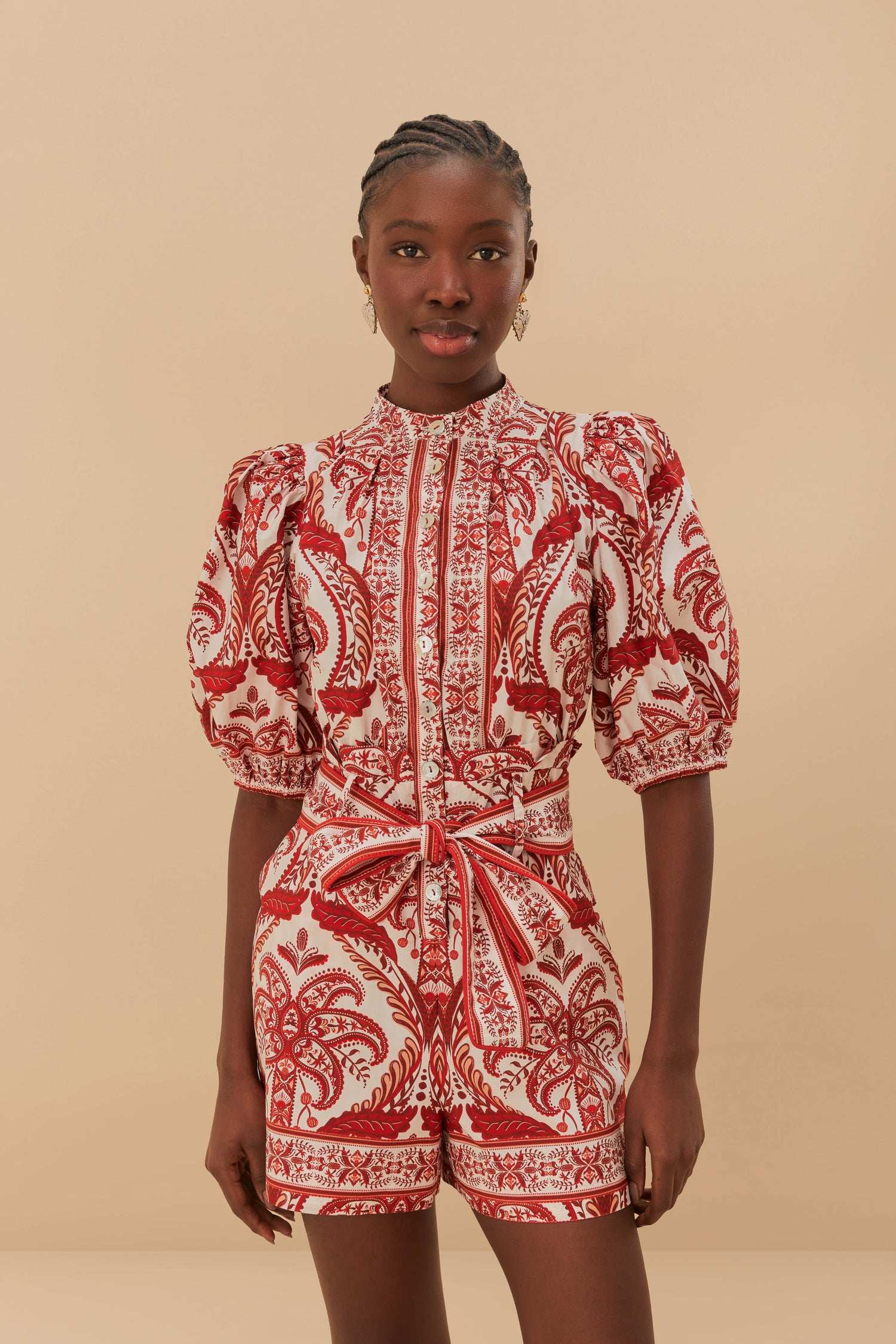 FARM Rio model wearing the Off-White Tropical Cameo Organic Cotton Romper