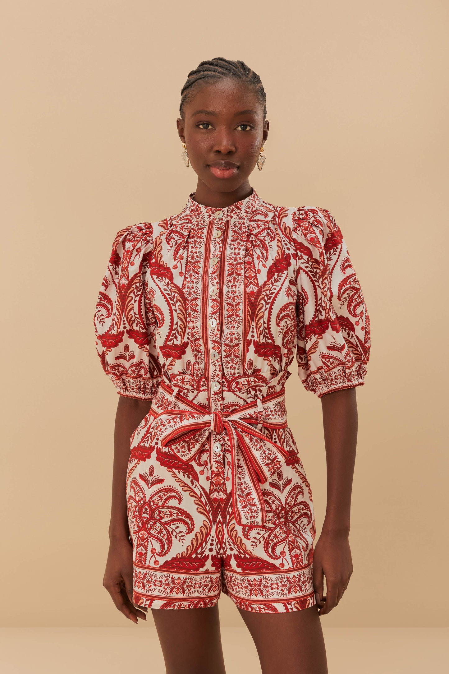 FARM Rio model wearing the Off-White Tropical Cameo Organic Cotton Romper