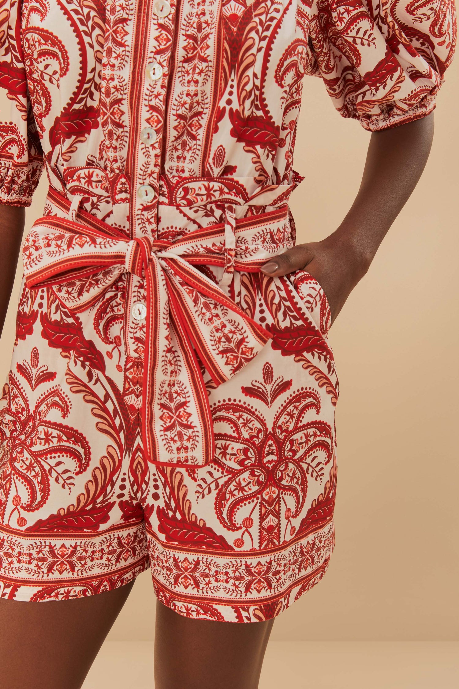 FARM Rio model wearing the Off-White Tropical Cameo Organic Cotton Romper