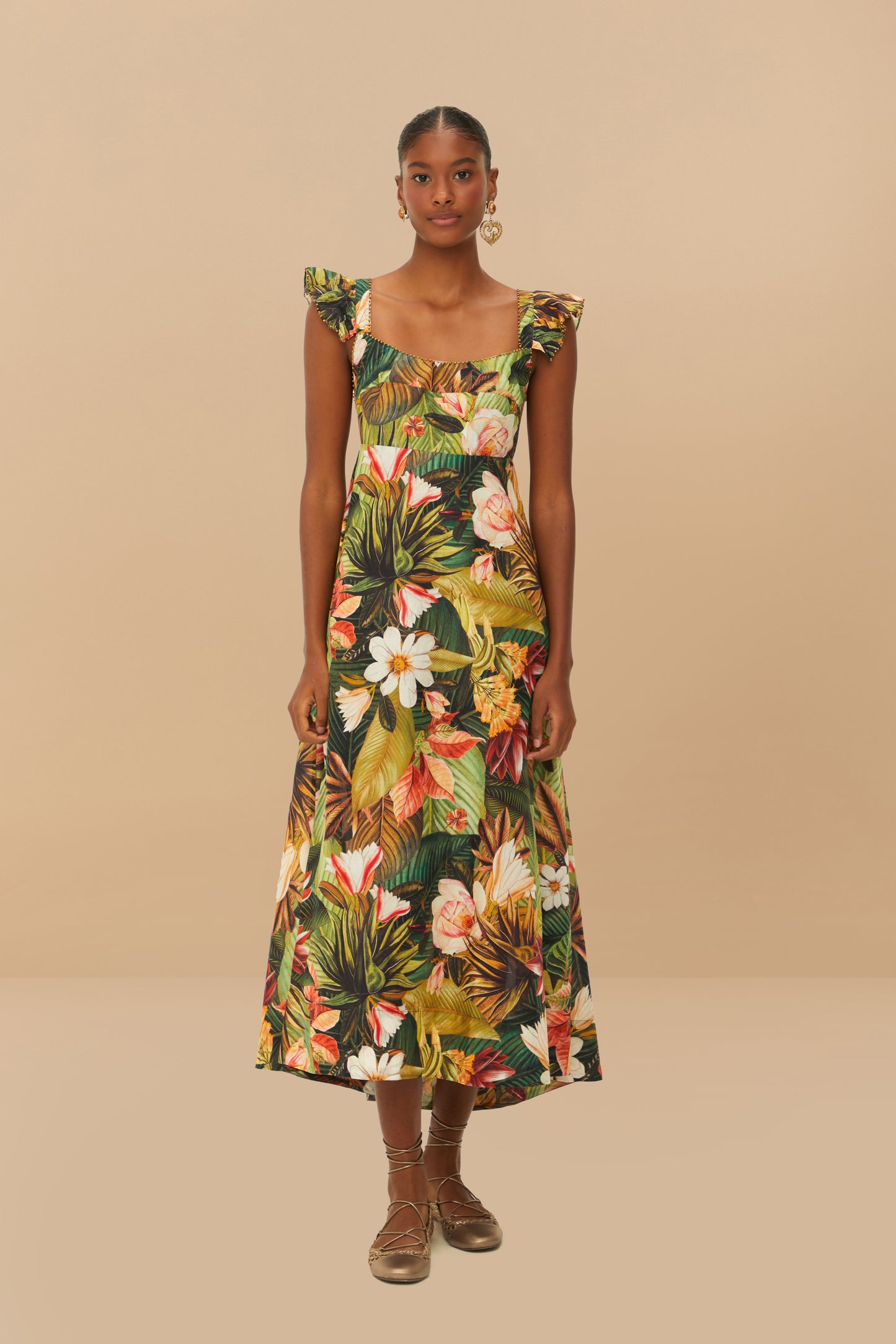 Botanical forest multicolor scoop neck ruffled strap maxi dress