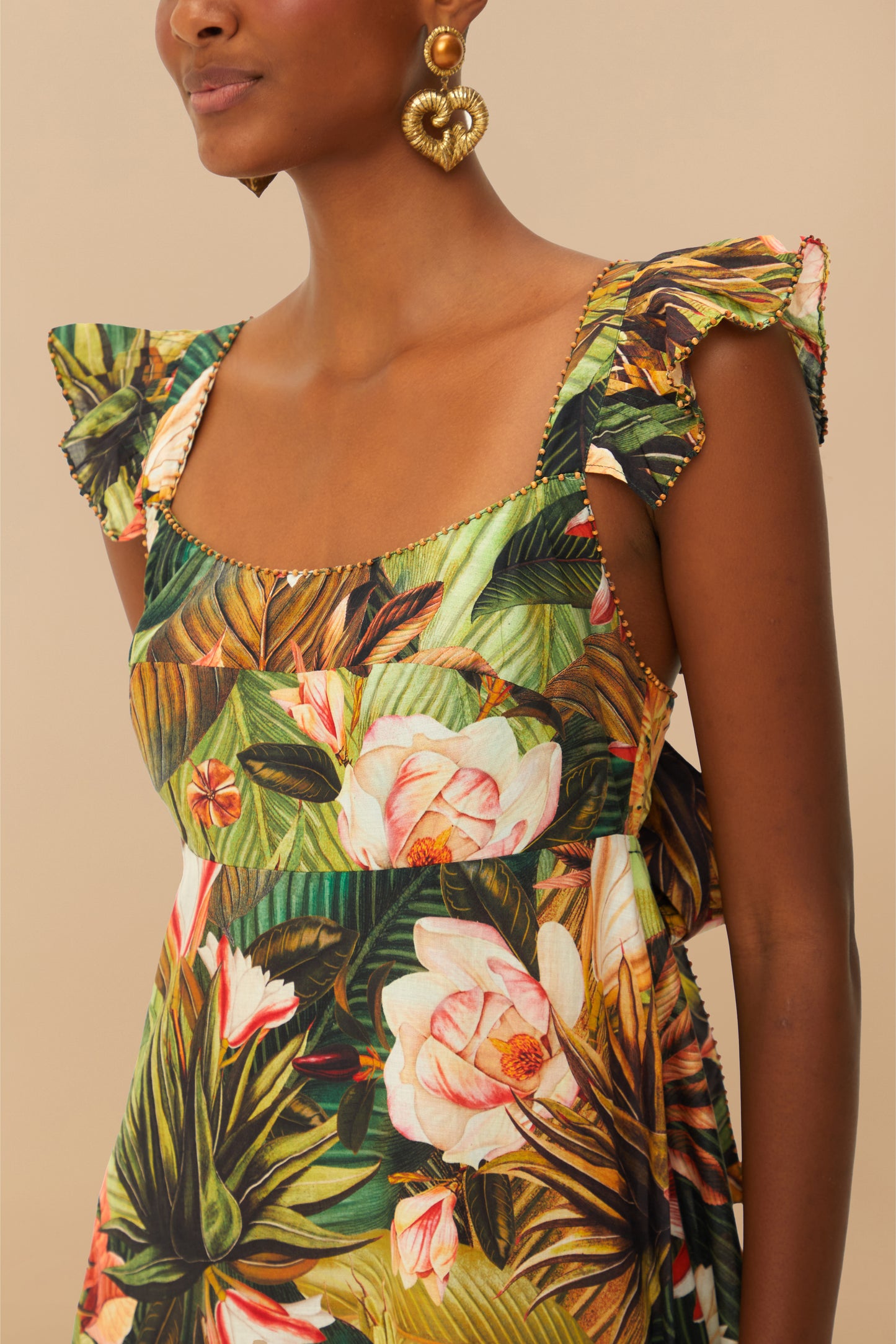 Botanical forest multicolor scoop neck ruffled strap maxi dress