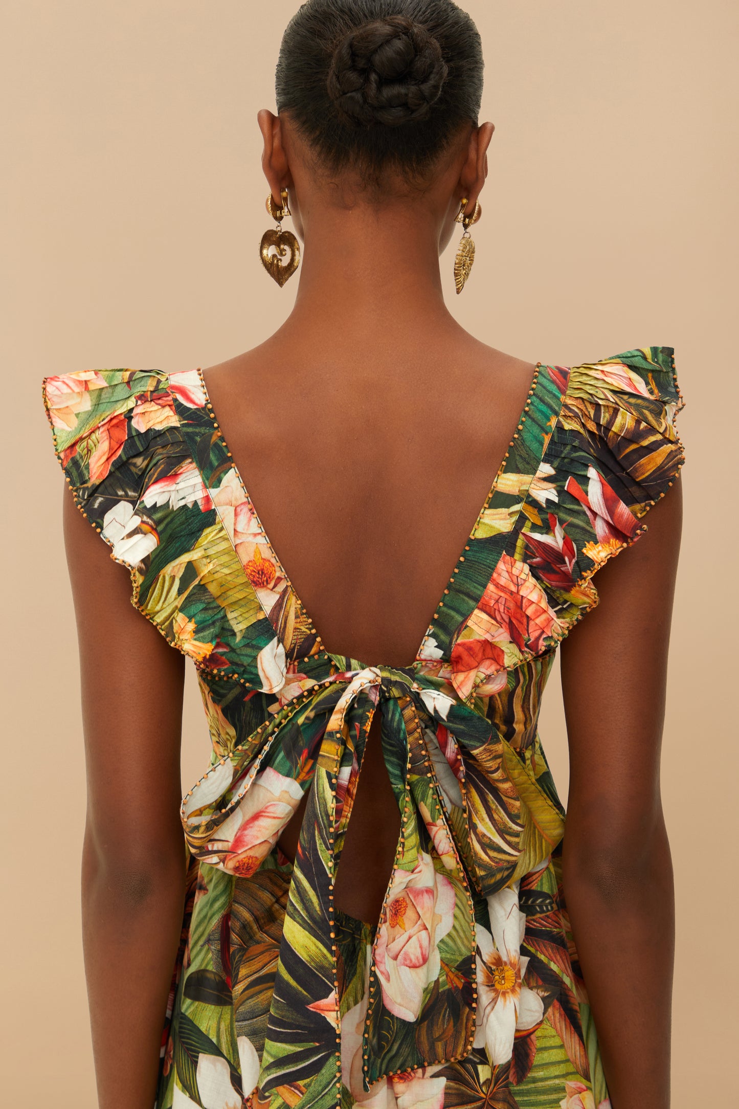 Botanical forest multicolor scoop neck ruffled strap maxi dress
